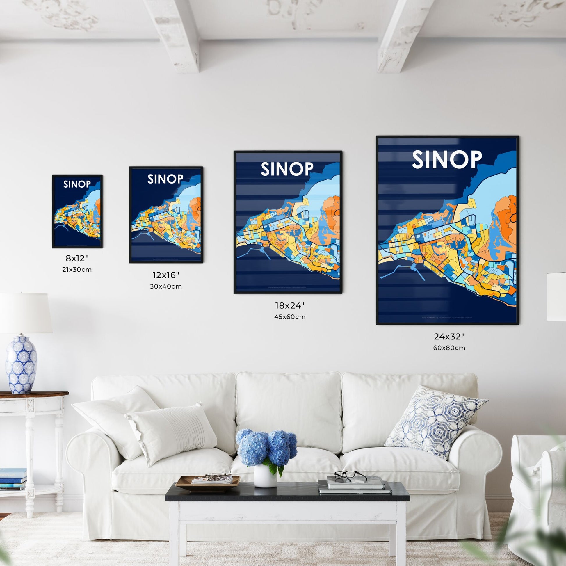 SINOP TURKEY Vibrant Colorful Art Map Poster Blue Orange