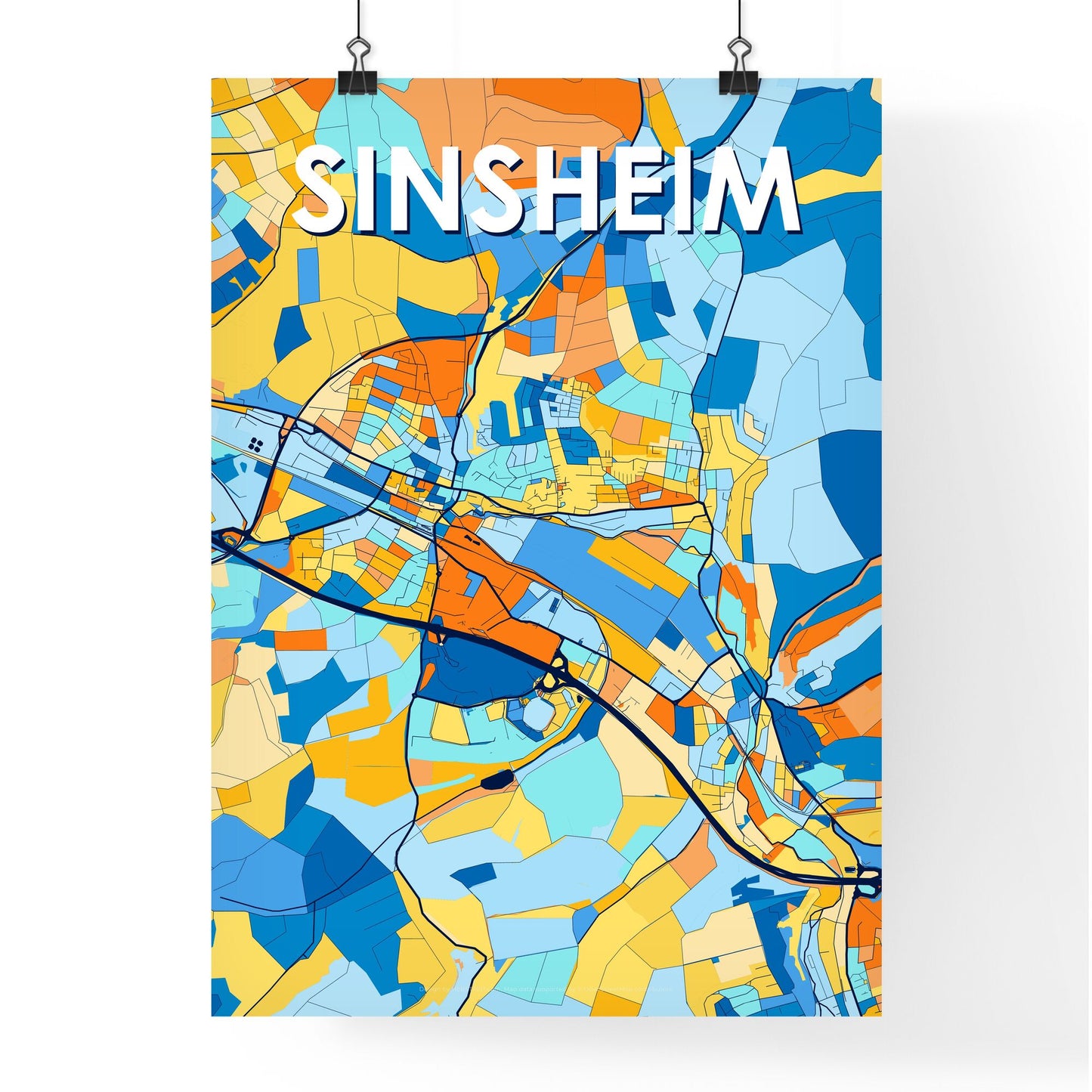 SINSHEIM GERMANY Vibrant Colorful Art Map Poster Blue Orange