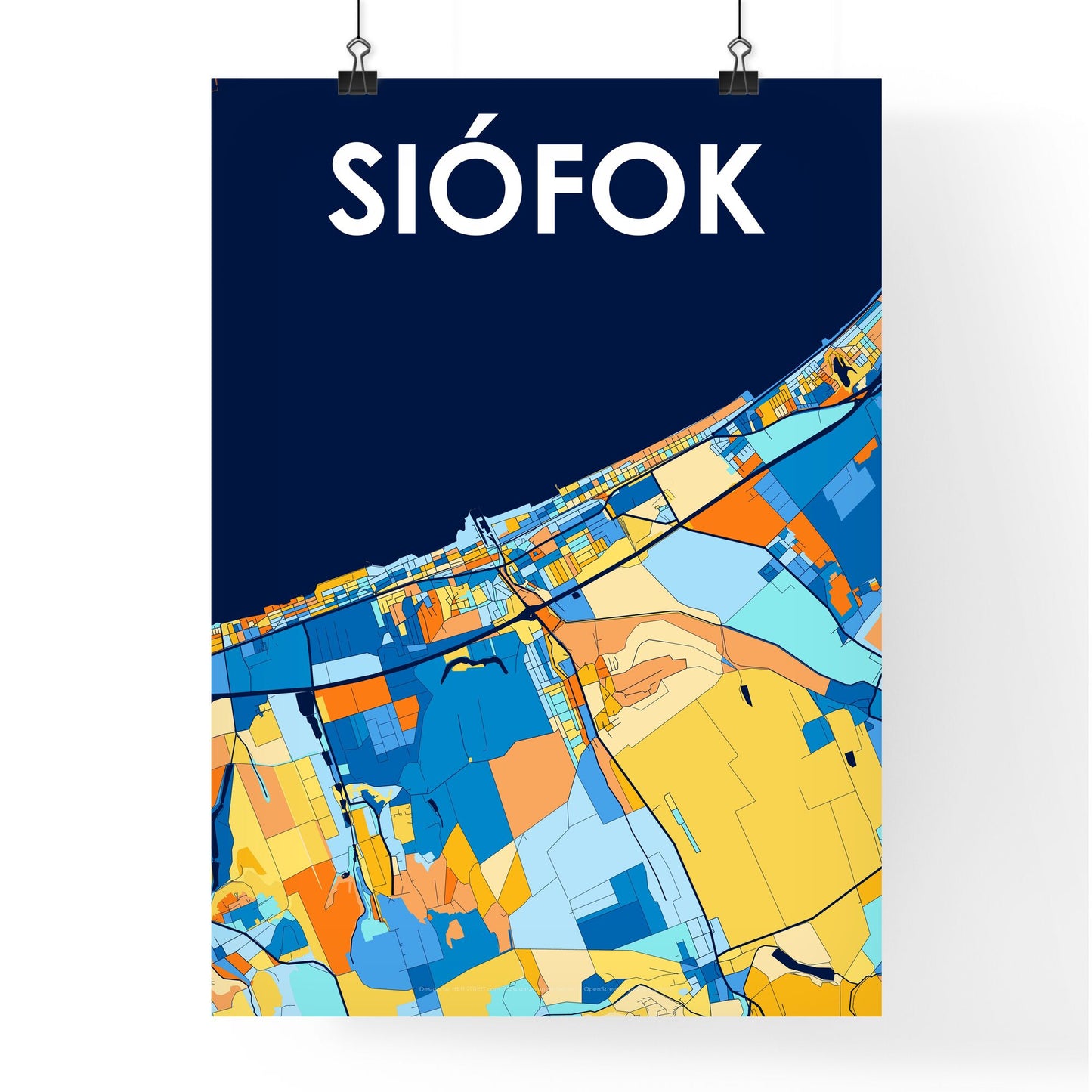 SIÓFOK HUNGARY Vibrant Colorful Art Map Poster Blue Orange