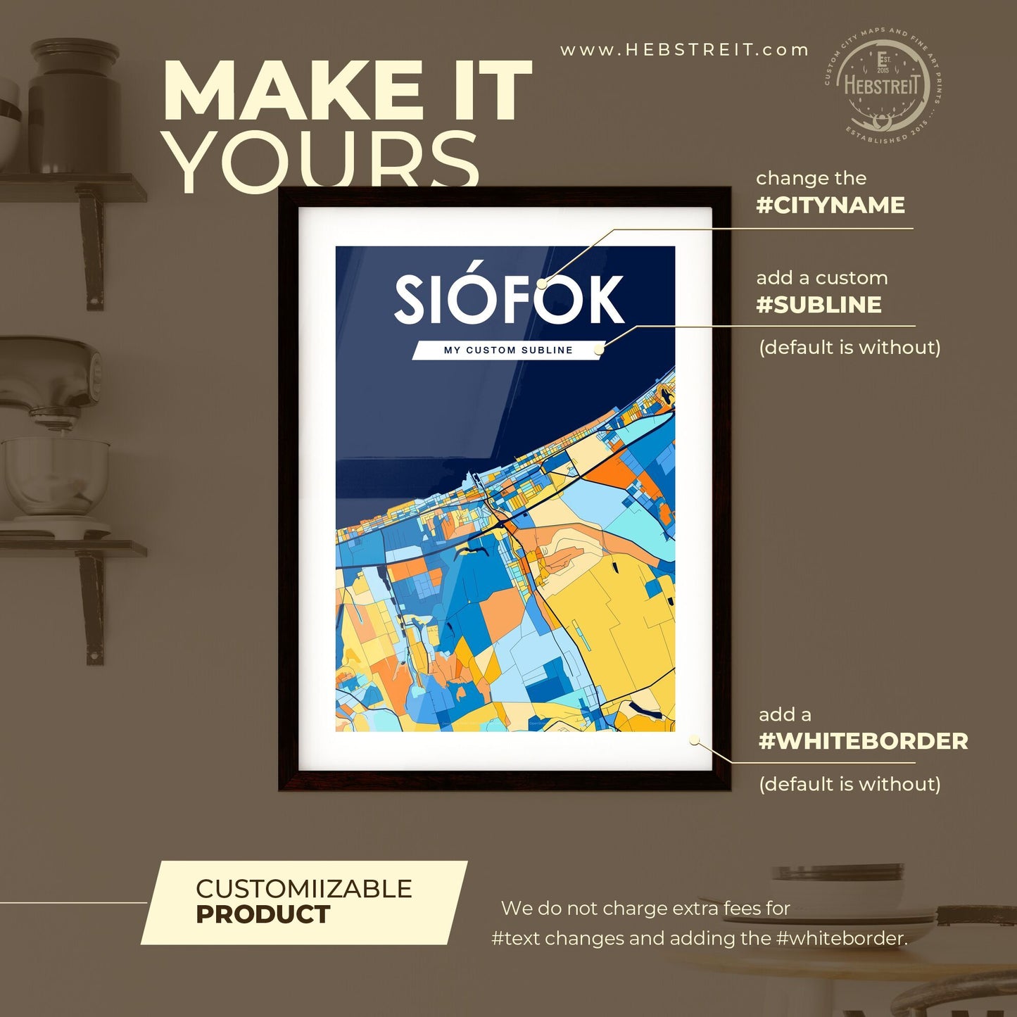 SIÓFOK HUNGARY Vibrant Colorful Art Map Poster Blue Orange