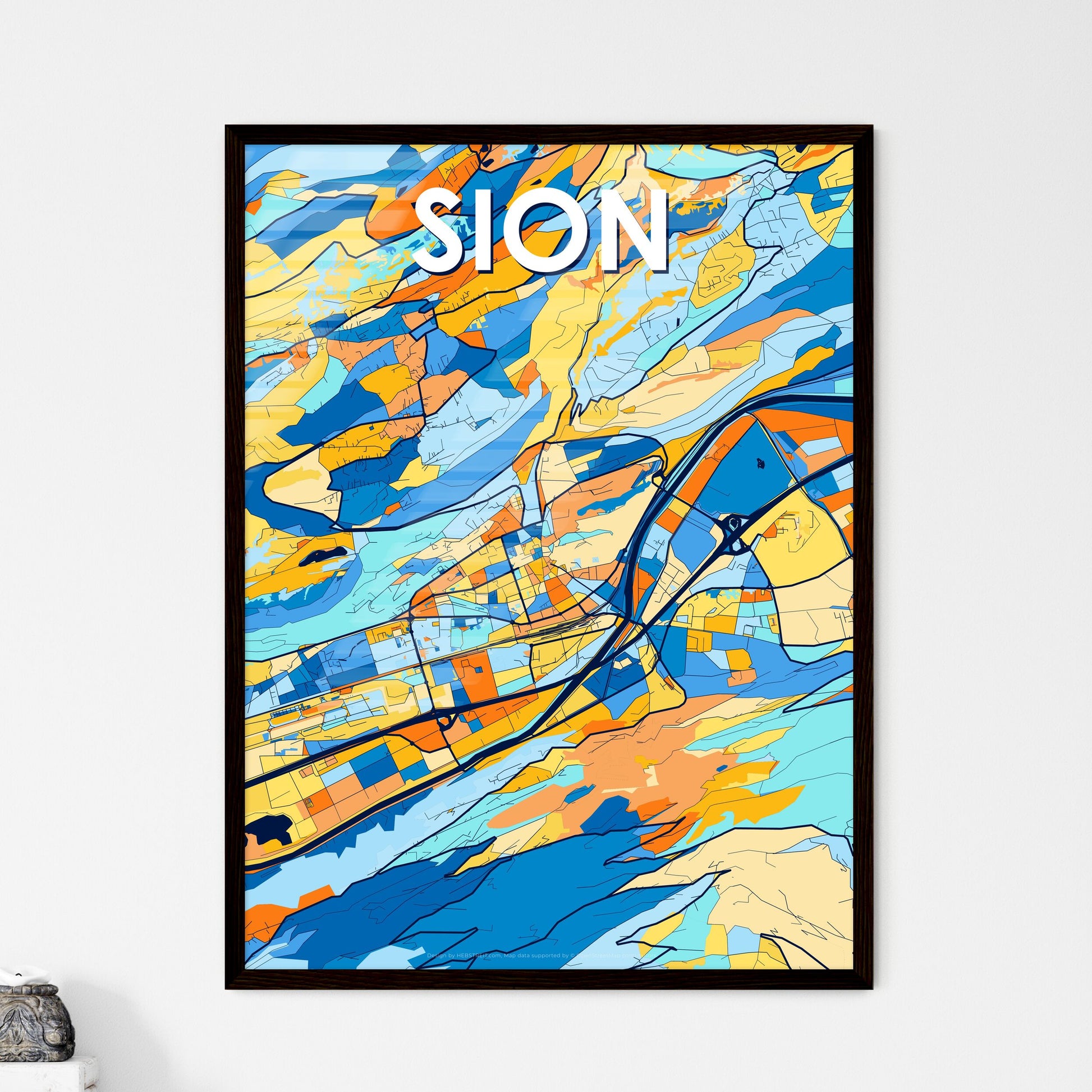 SION SWITZERLAND Vibrant Colorful Art Map Poster Blue Orange