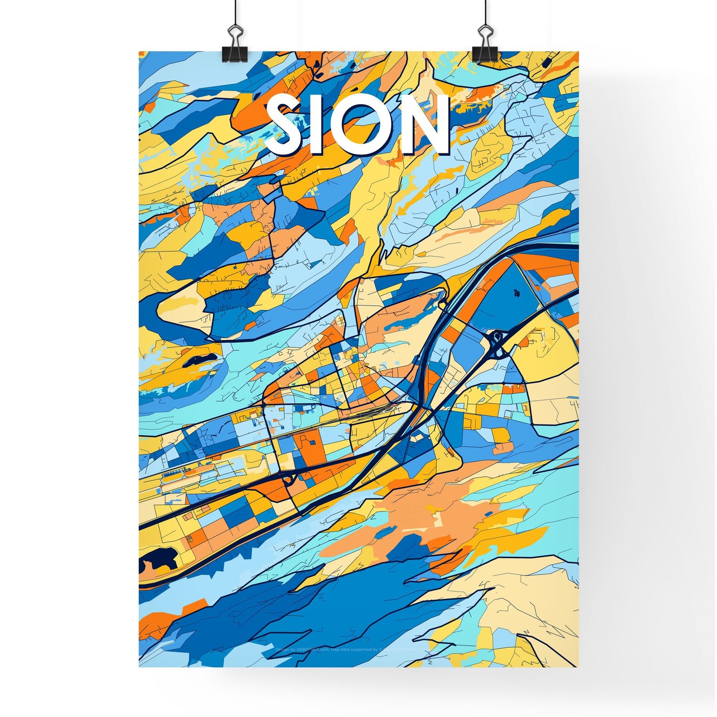 SION SWITZERLAND Vibrant Colorful Art Map Poster Blue Orange