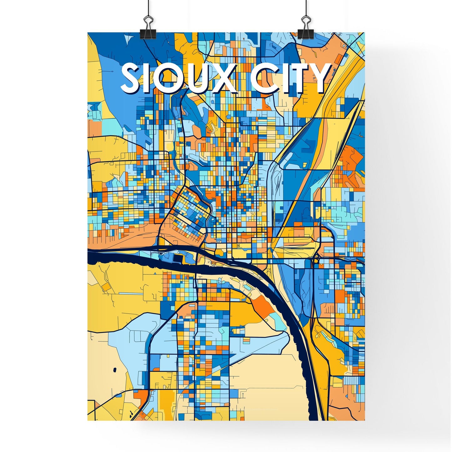 SIOUX CITY IOWA Vibrant Colorful Art Map Poster Blue Orange