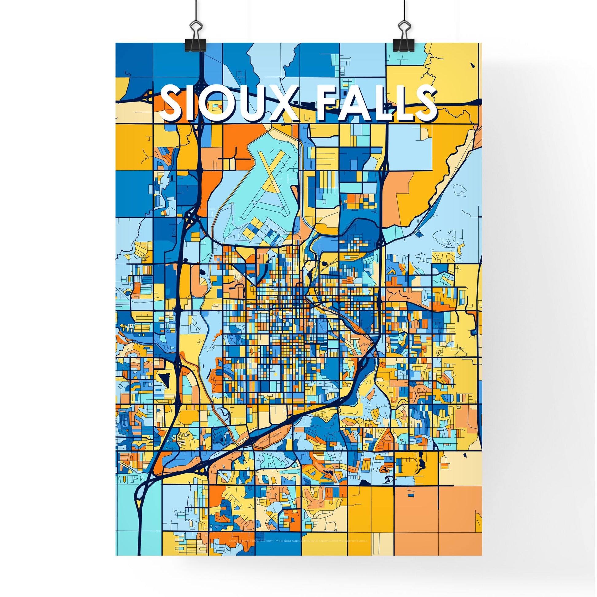 SIOUX FALLS SOUTH DAKOTA Vibrant Colorful Art Map Poster Blue Orange