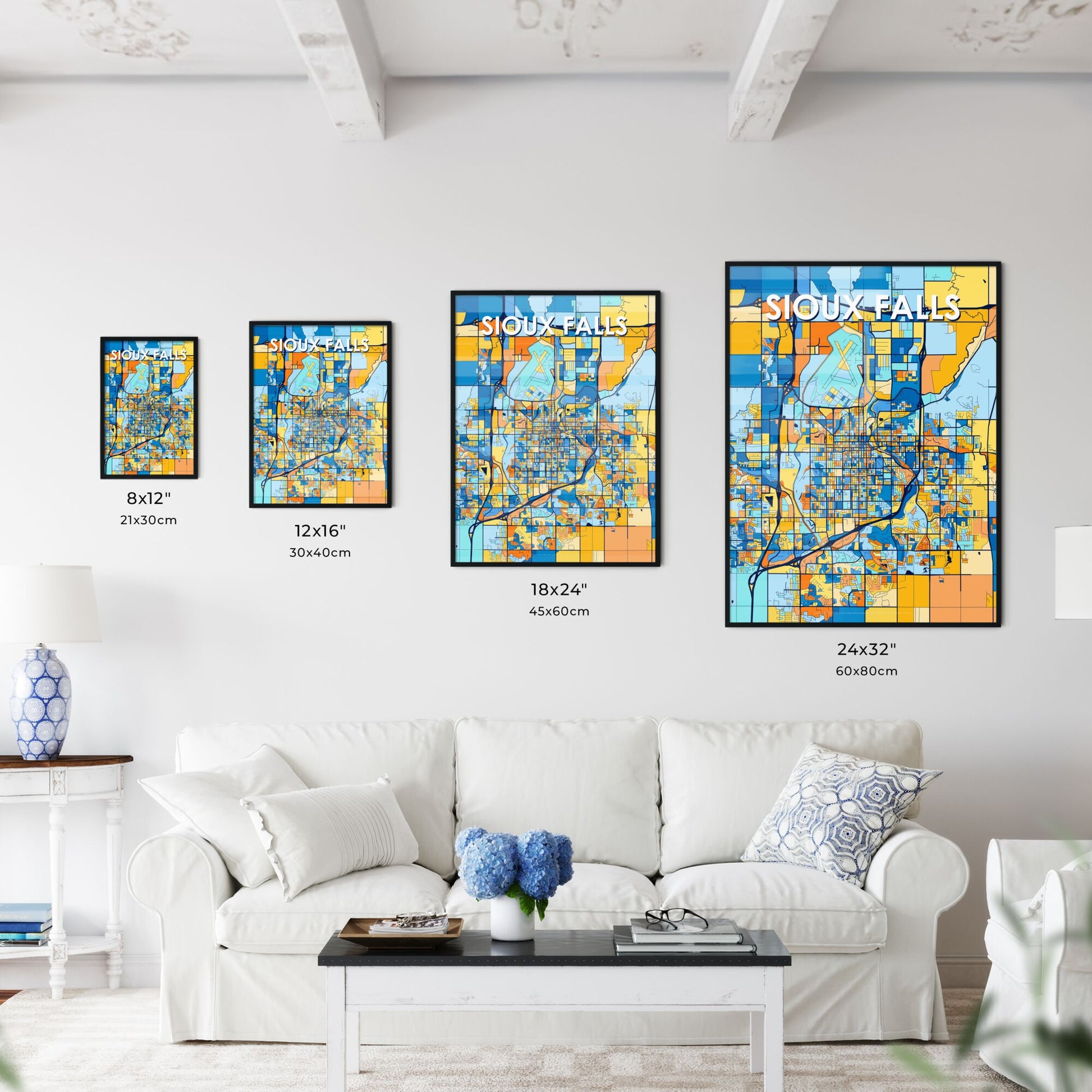 SIOUX FALLS SOUTH DAKOTA Vibrant Colorful Art Map Poster Blue Orange