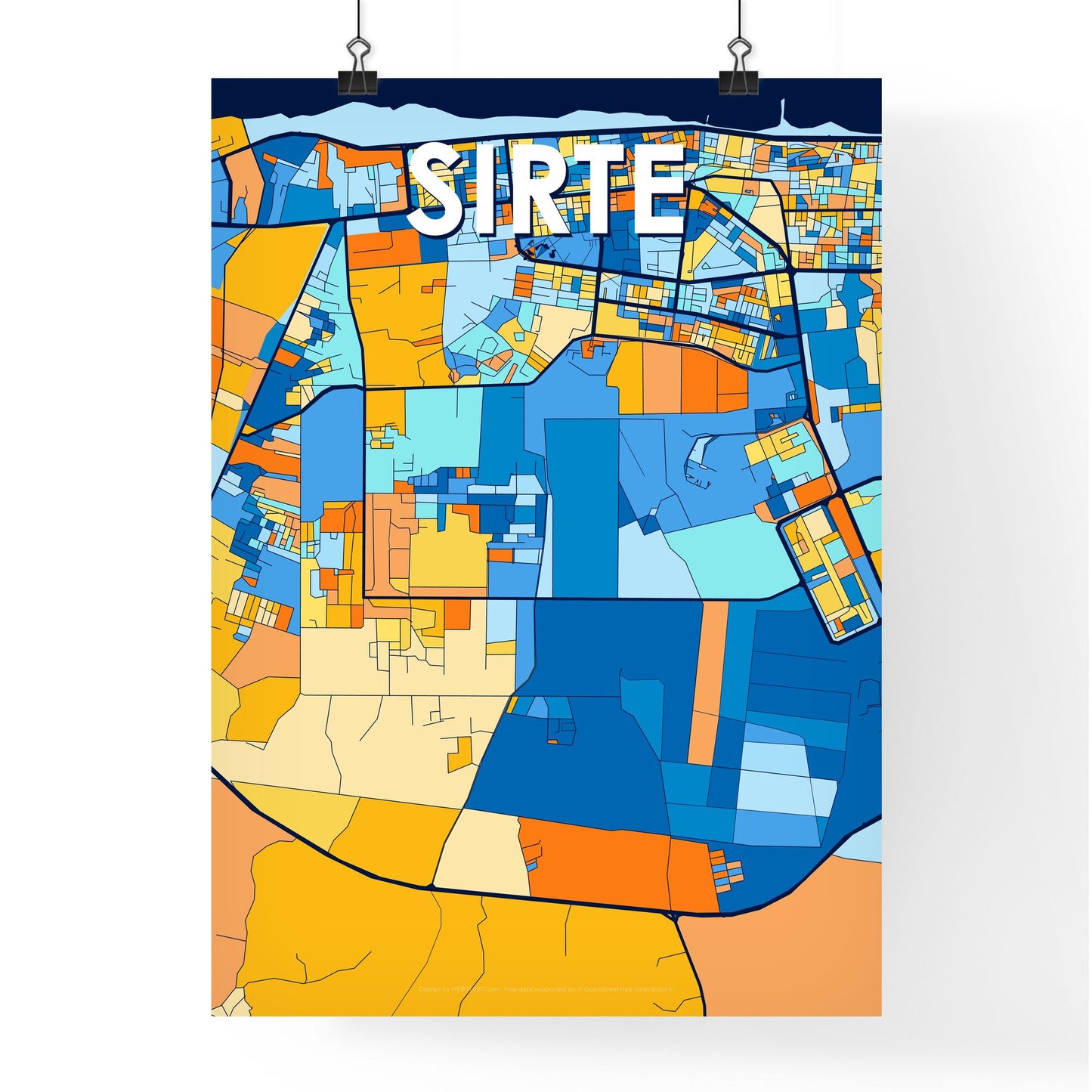 SIRTE LIBYA Vibrant Colorful Art Map Poster Blue Orange