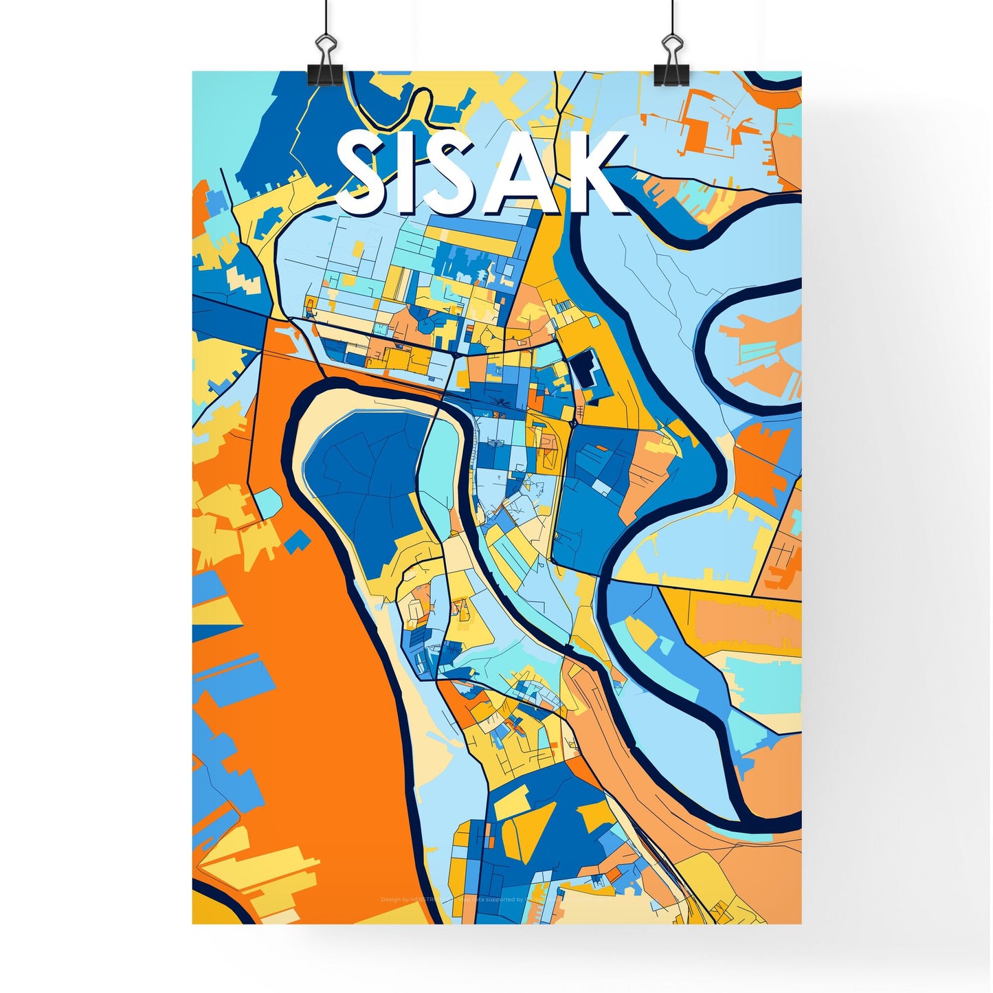 SISAK CROATIA Vibrant Colorful Art Map Poster Blue Orange