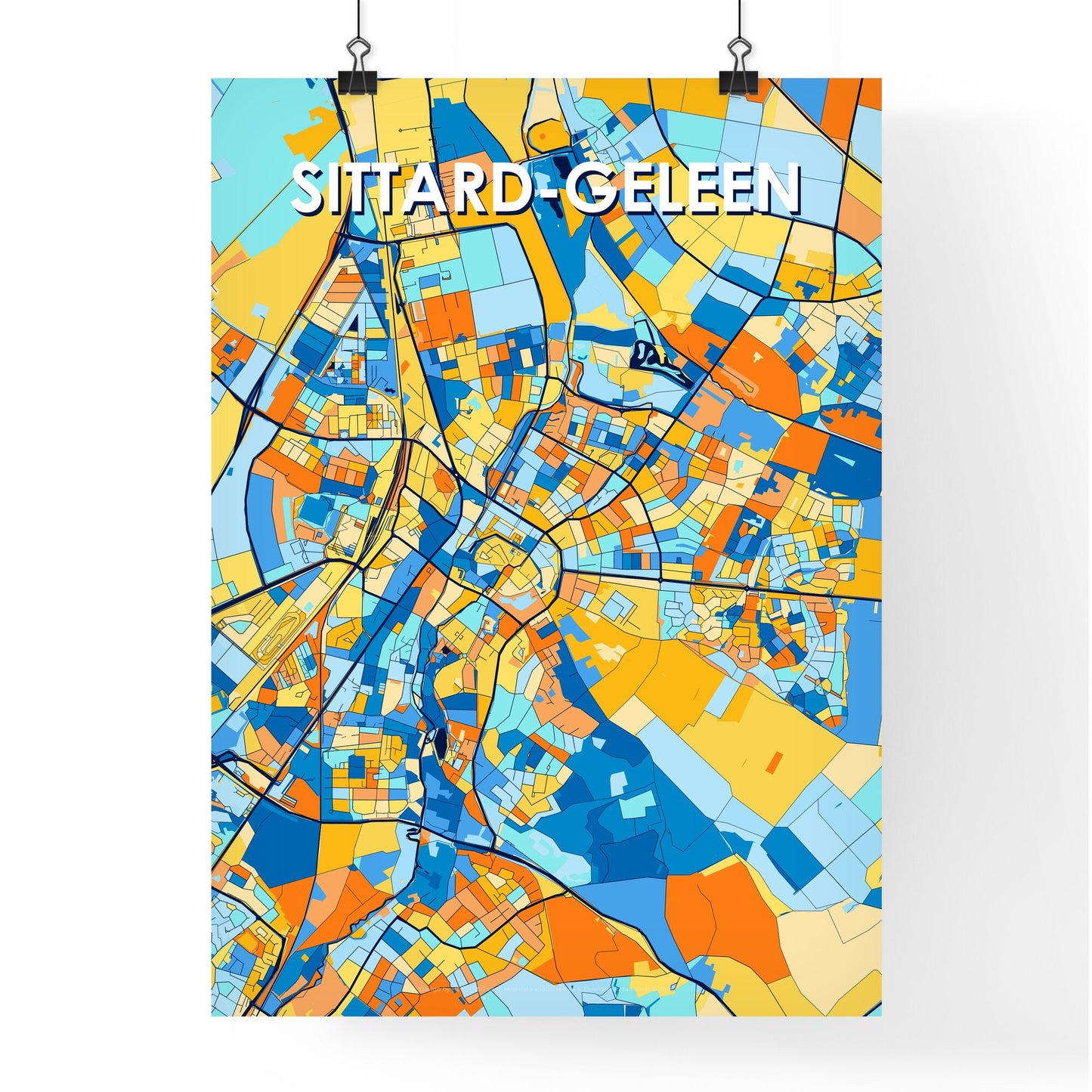 SITTARD-GELEEN NETHERLANDS Vibrant Colorful Art Map Poster Blue Orange