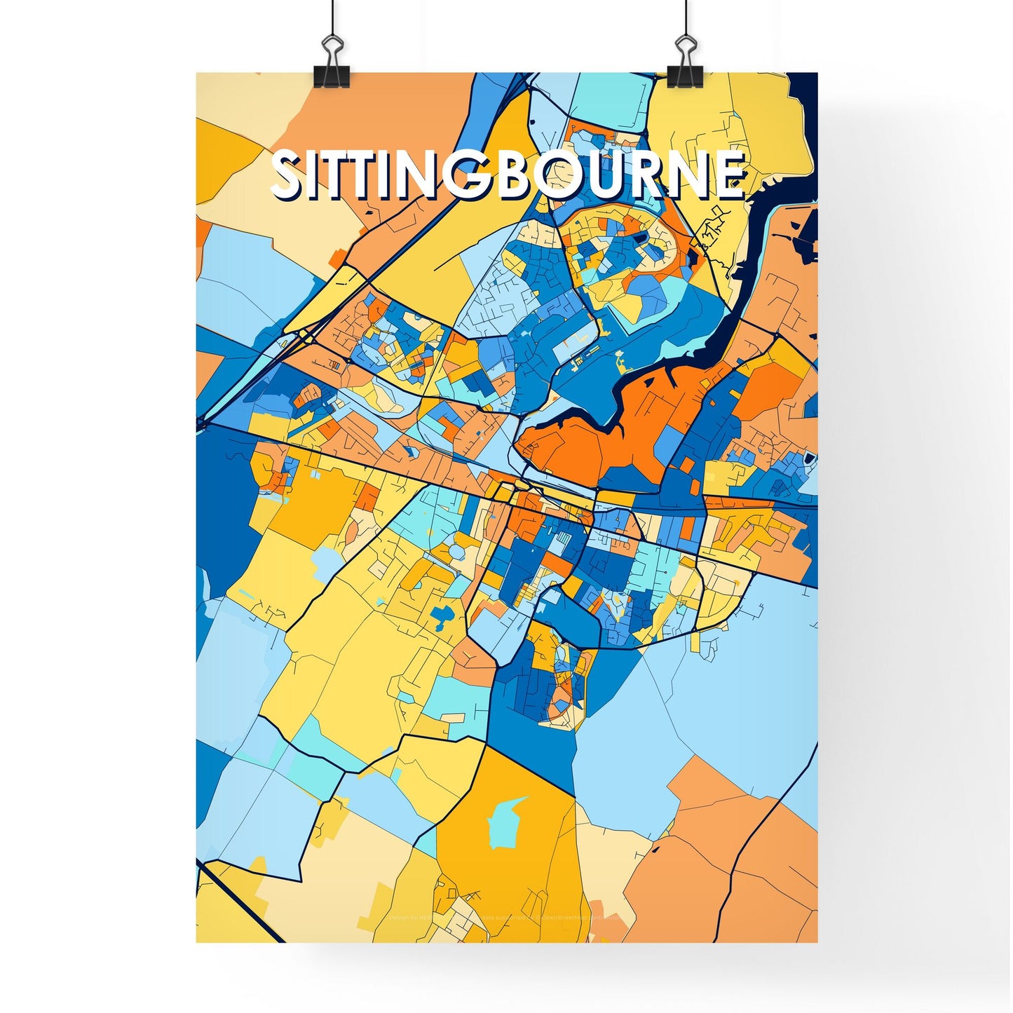 SITTINGBOURNE ENGLAND Vibrant Colorful Art Map Poster Blue Orange