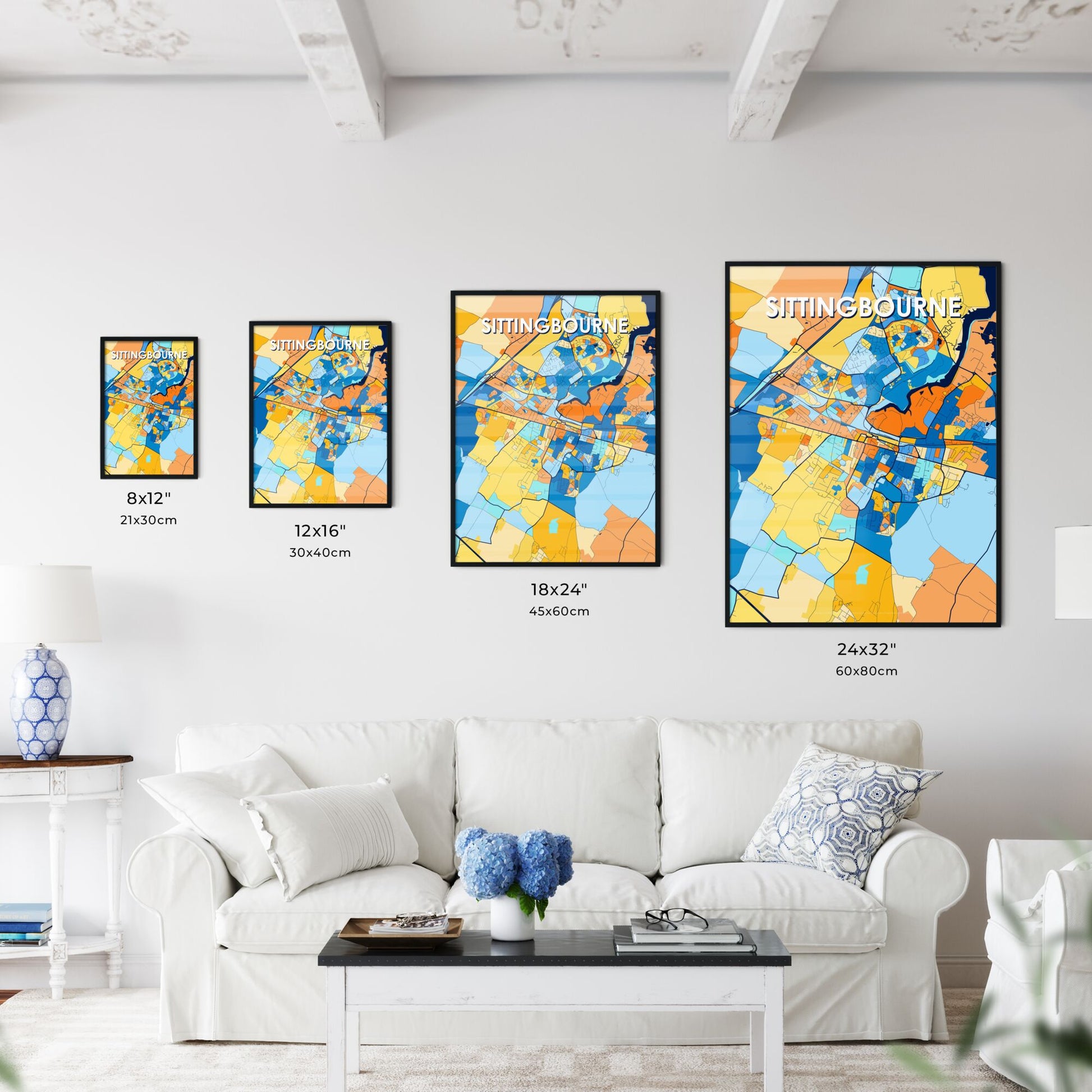 SITTINGBOURNE ENGLAND Vibrant Colorful Art Map Poster Blue Orange