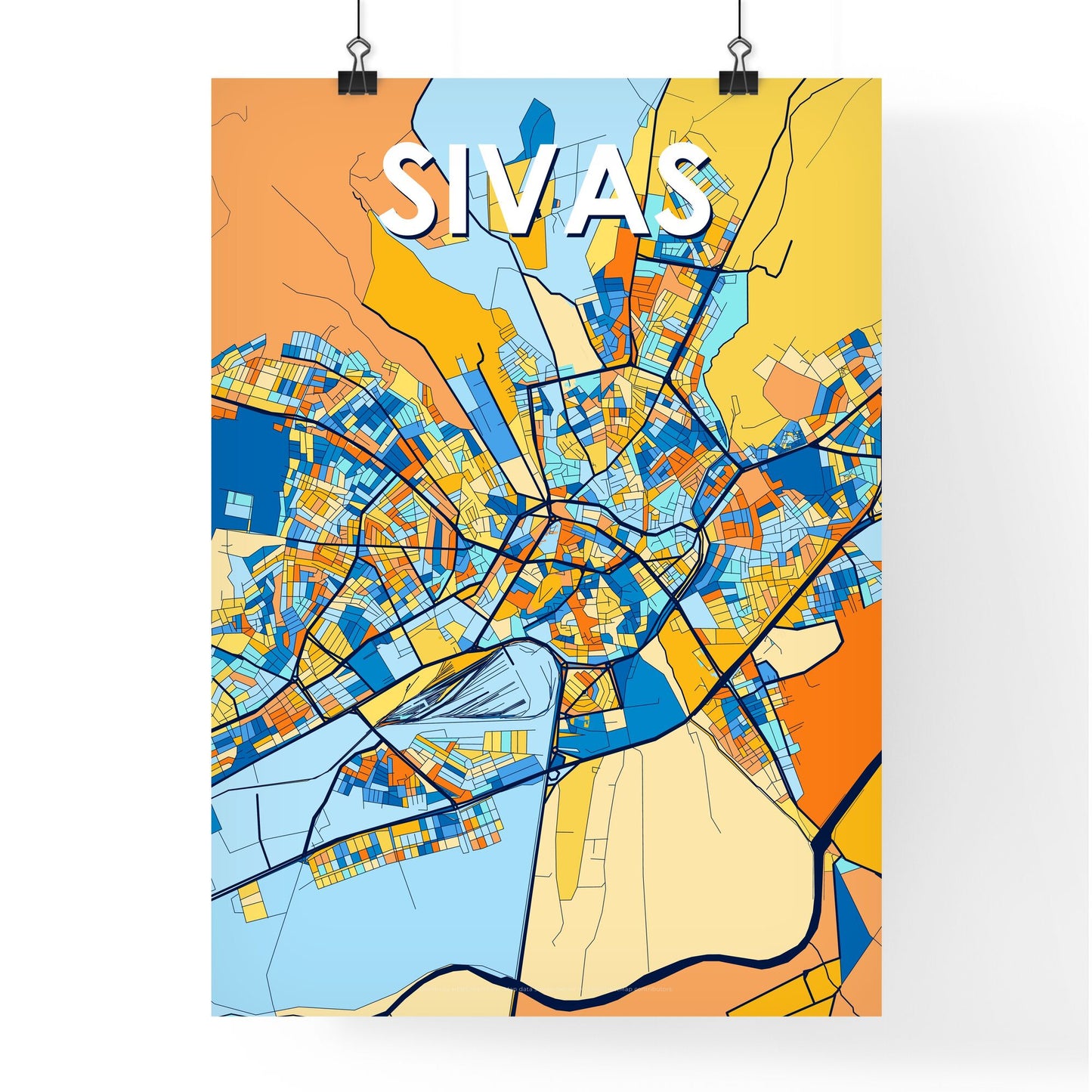 SIVAS TURKEY Vibrant Colorful Art Map Poster Blue Orange