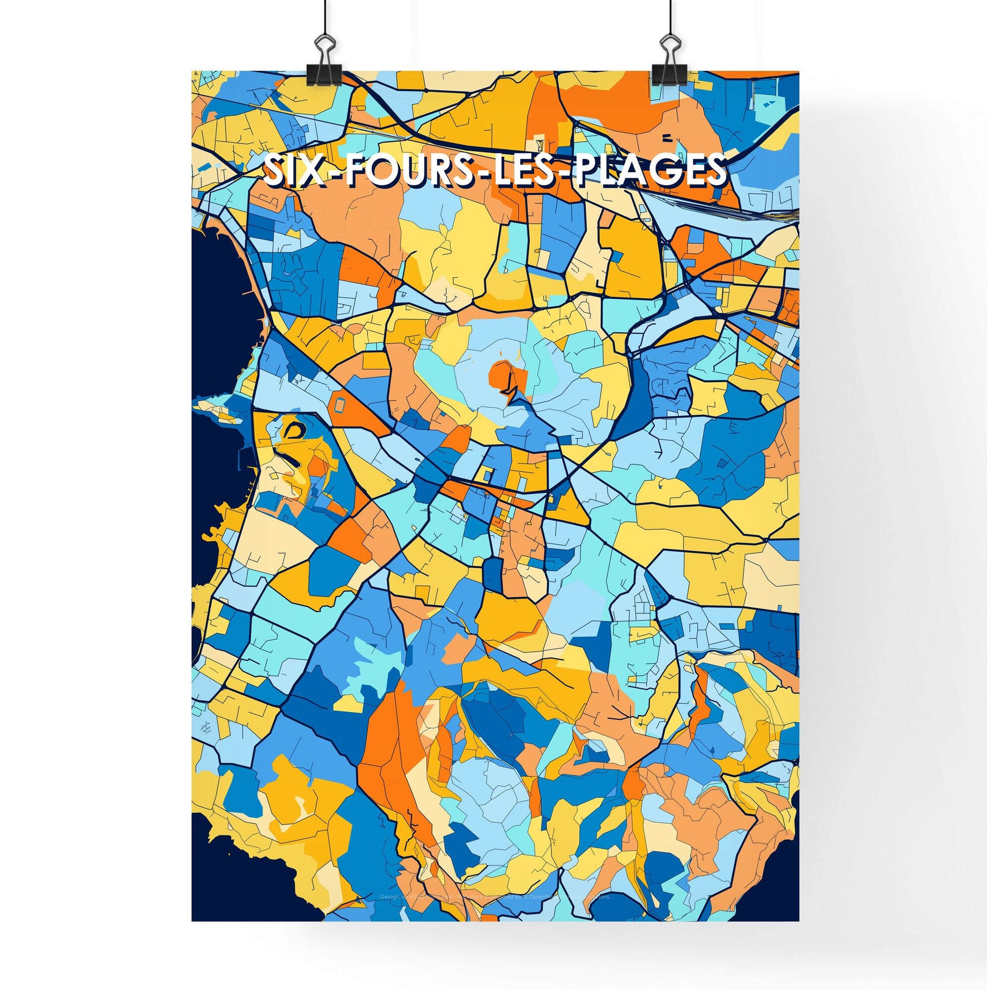 SIX-FOURS-LES-PLAGES FRANCE Vibrant Colorful Art Map Poster Blue Orange