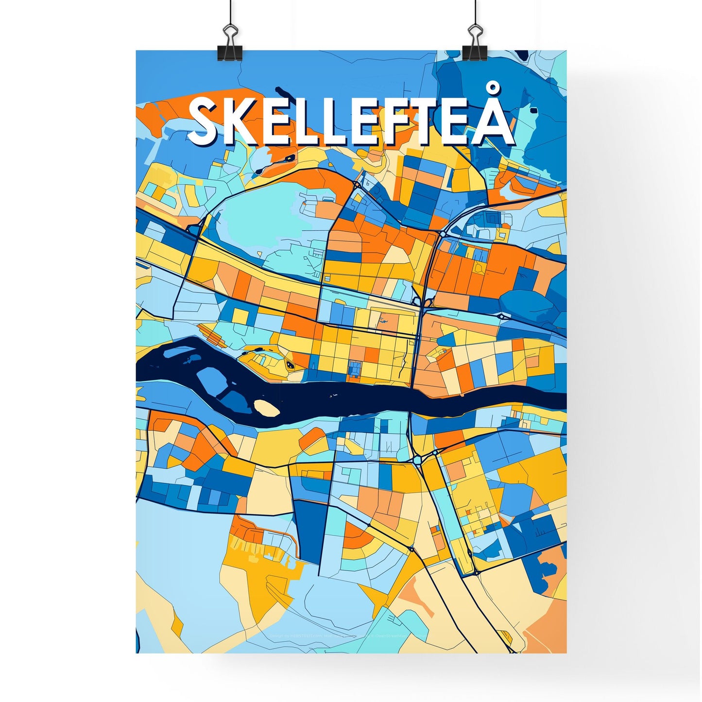 SKELLEFTEÅ SWEDEN Vibrant Colorful Art Map Poster Blue Orange