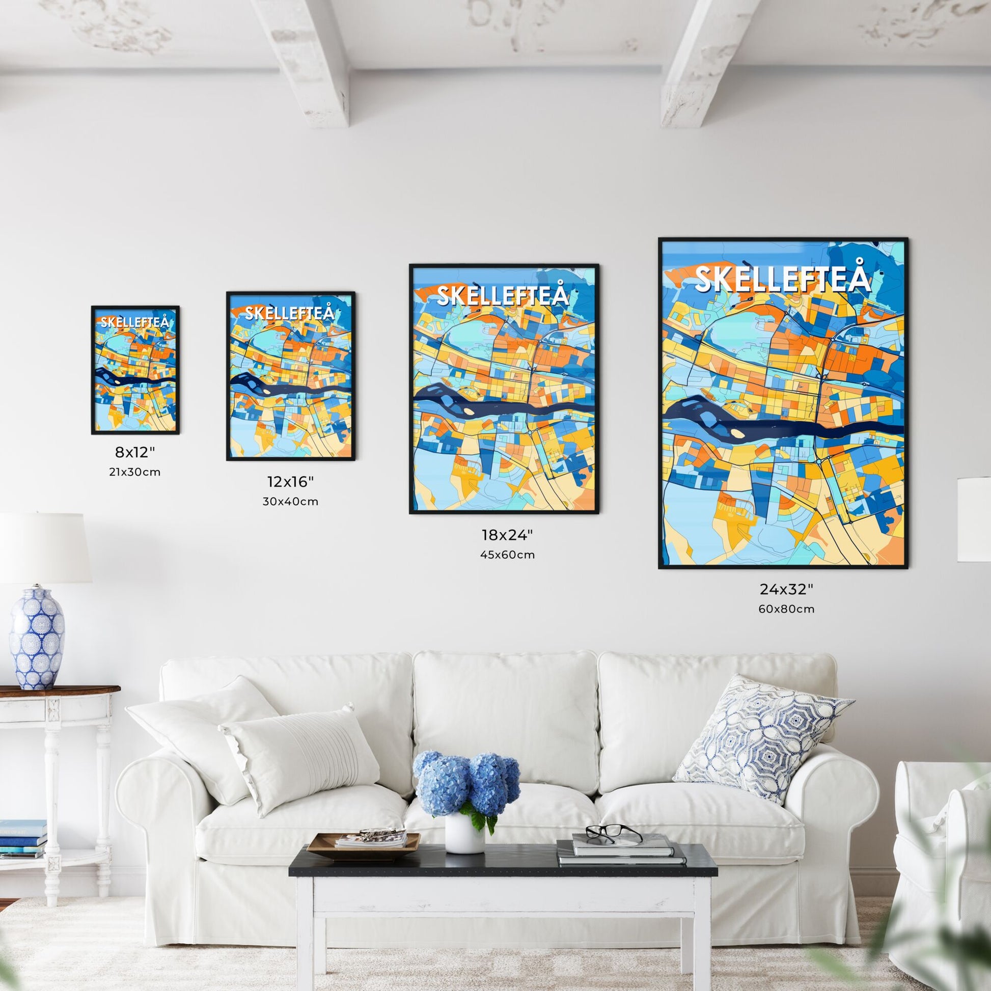 SKELLEFTEÅ SWEDEN Vibrant Colorful Art Map Poster Blue Orange