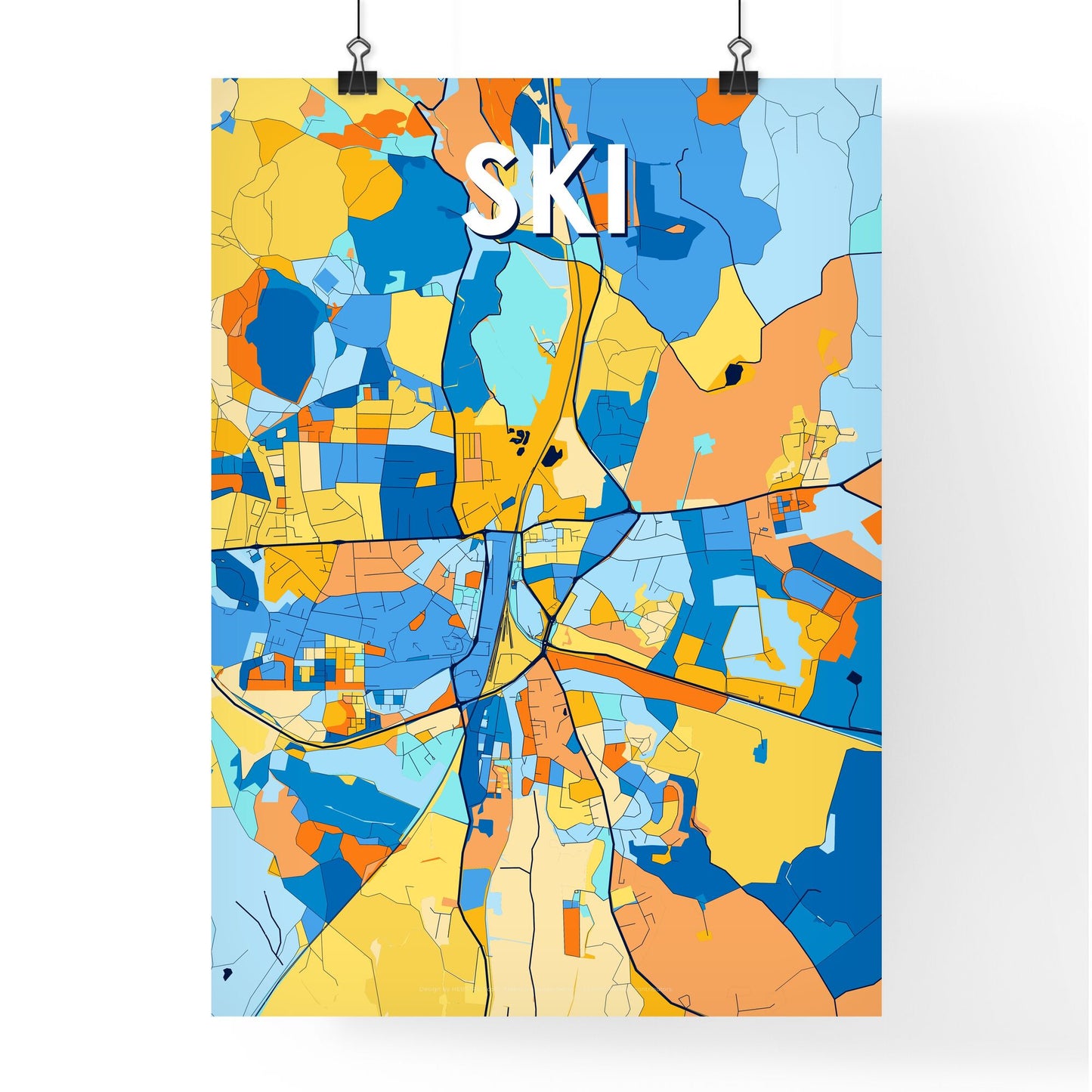 SKI NORWAY Vibrant Colorful Art Map Poster Blue Orange