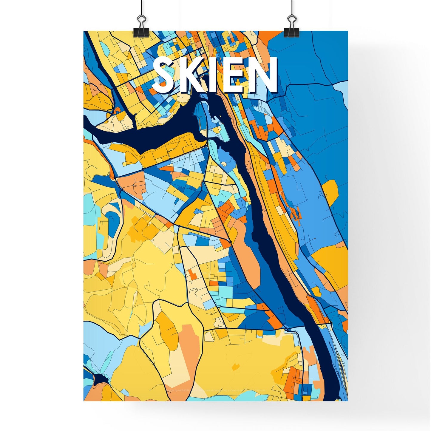 SKIEN NORWAY Vibrant Colorful Art Map Poster Blue Orange