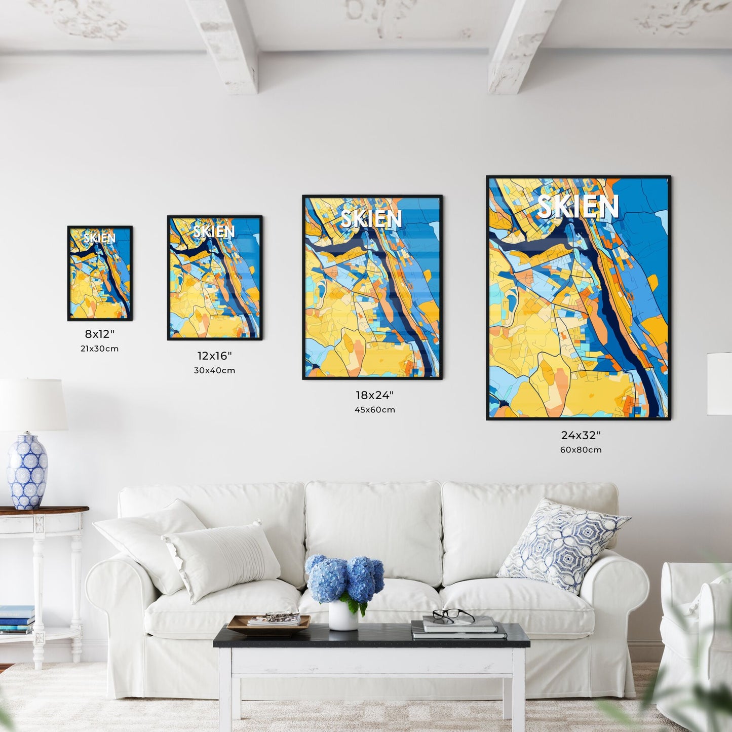 SKIEN NORWAY Vibrant Colorful Art Map Poster Blue Orange