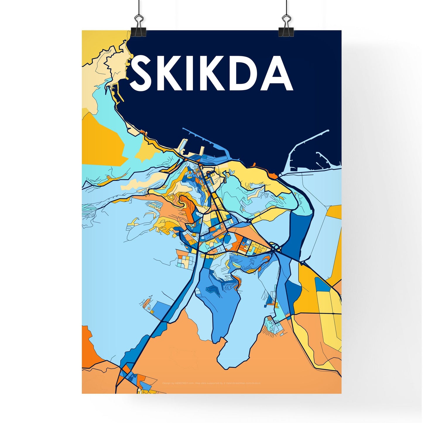 SKIKDA ALGERIA Vibrant Colorful Art Map Poster Blue Orange