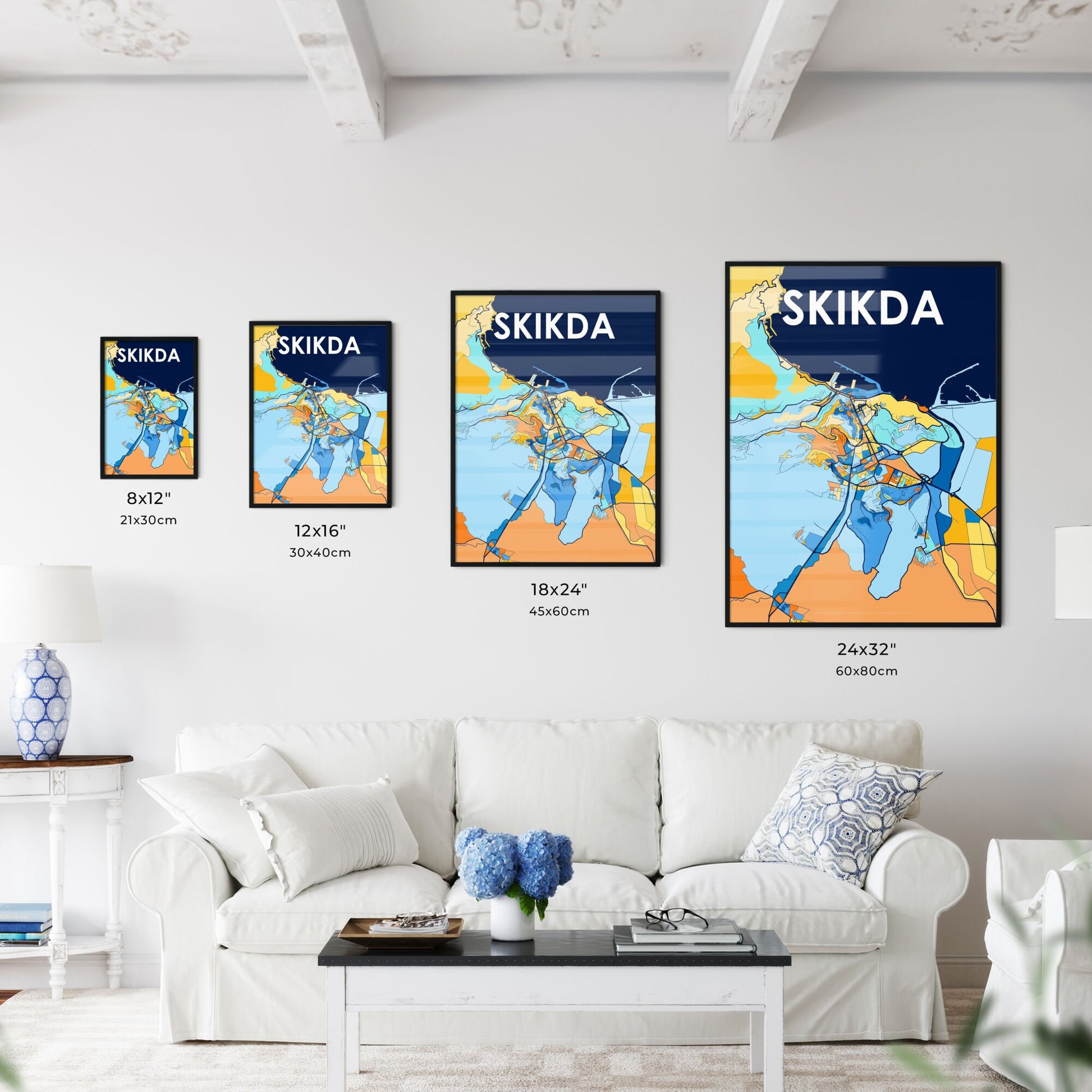 SKIKDA ALGERIA Vibrant Colorful Art Map Poster Blue Orange