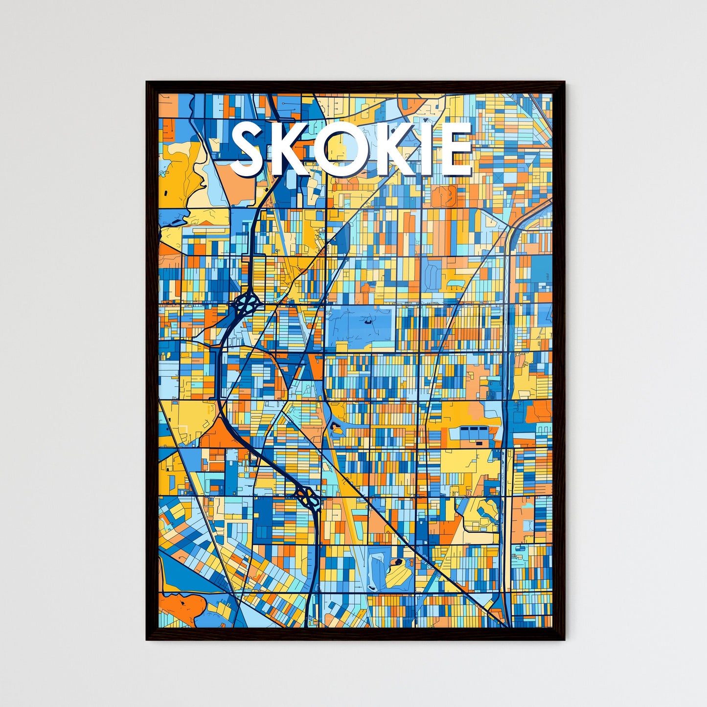 SKOKIE ILLINOIS Vibrant Colorful Art Map Poster Blue Orange