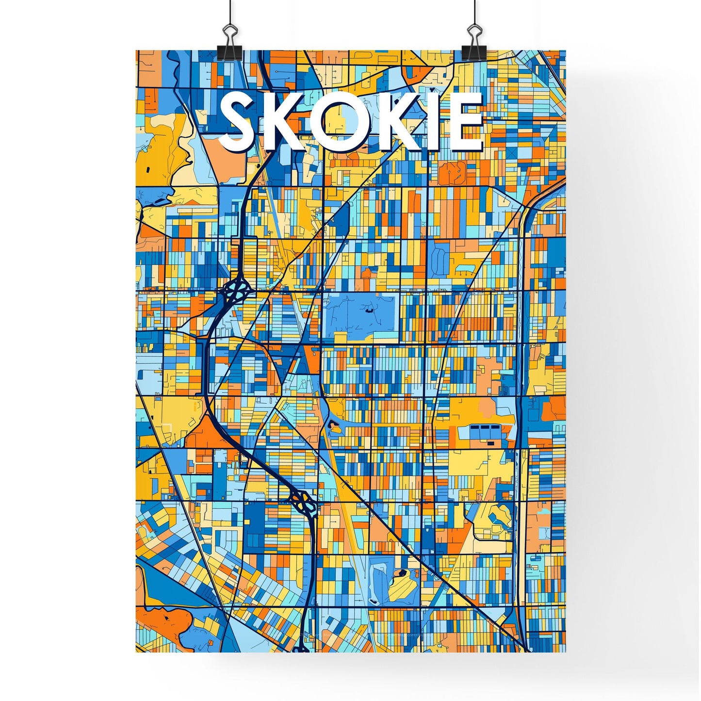 SKOKIE ILLINOIS Vibrant Colorful Art Map Poster Blue Orange