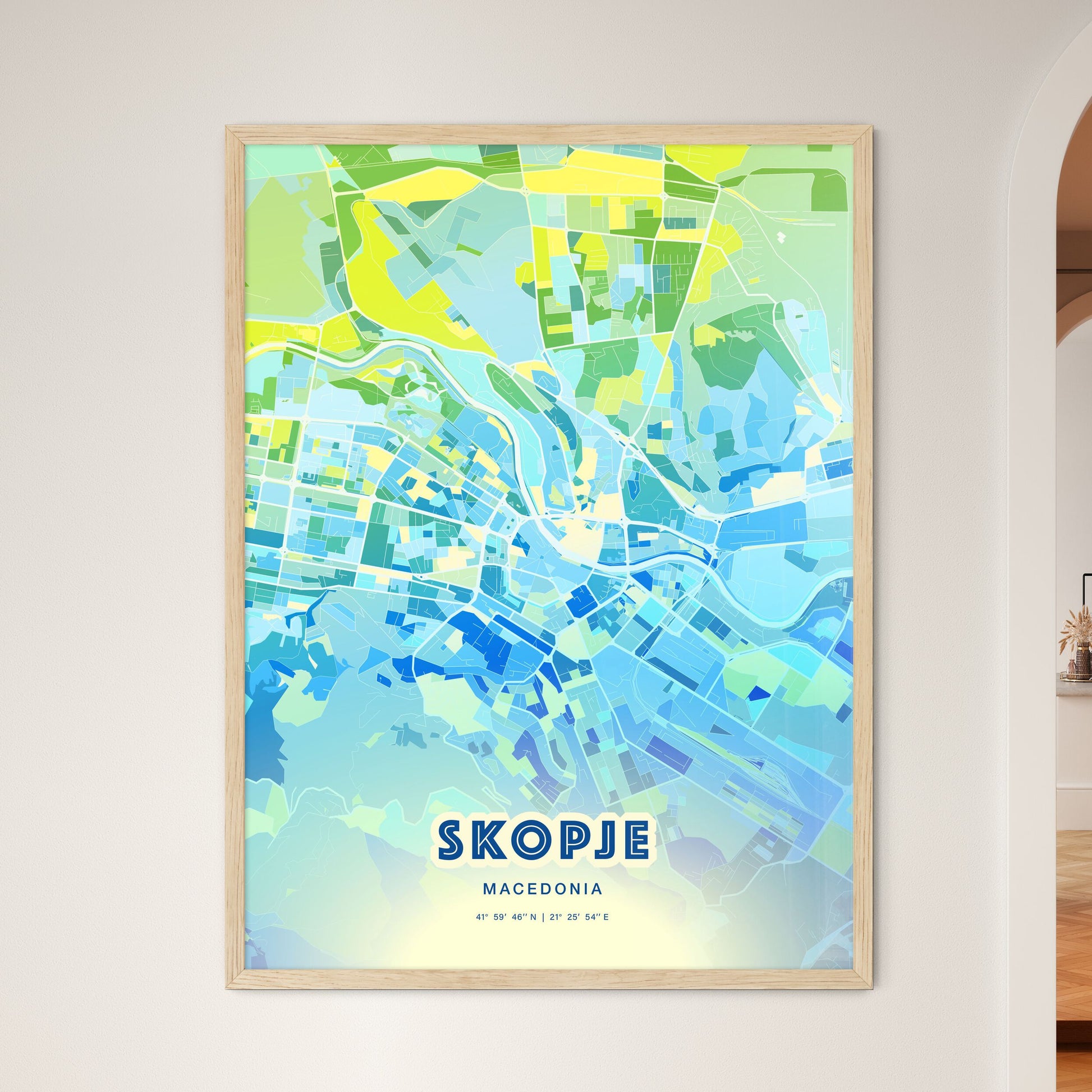 Colorful Skopje North Macedonia Fine Art Map Cool Blue