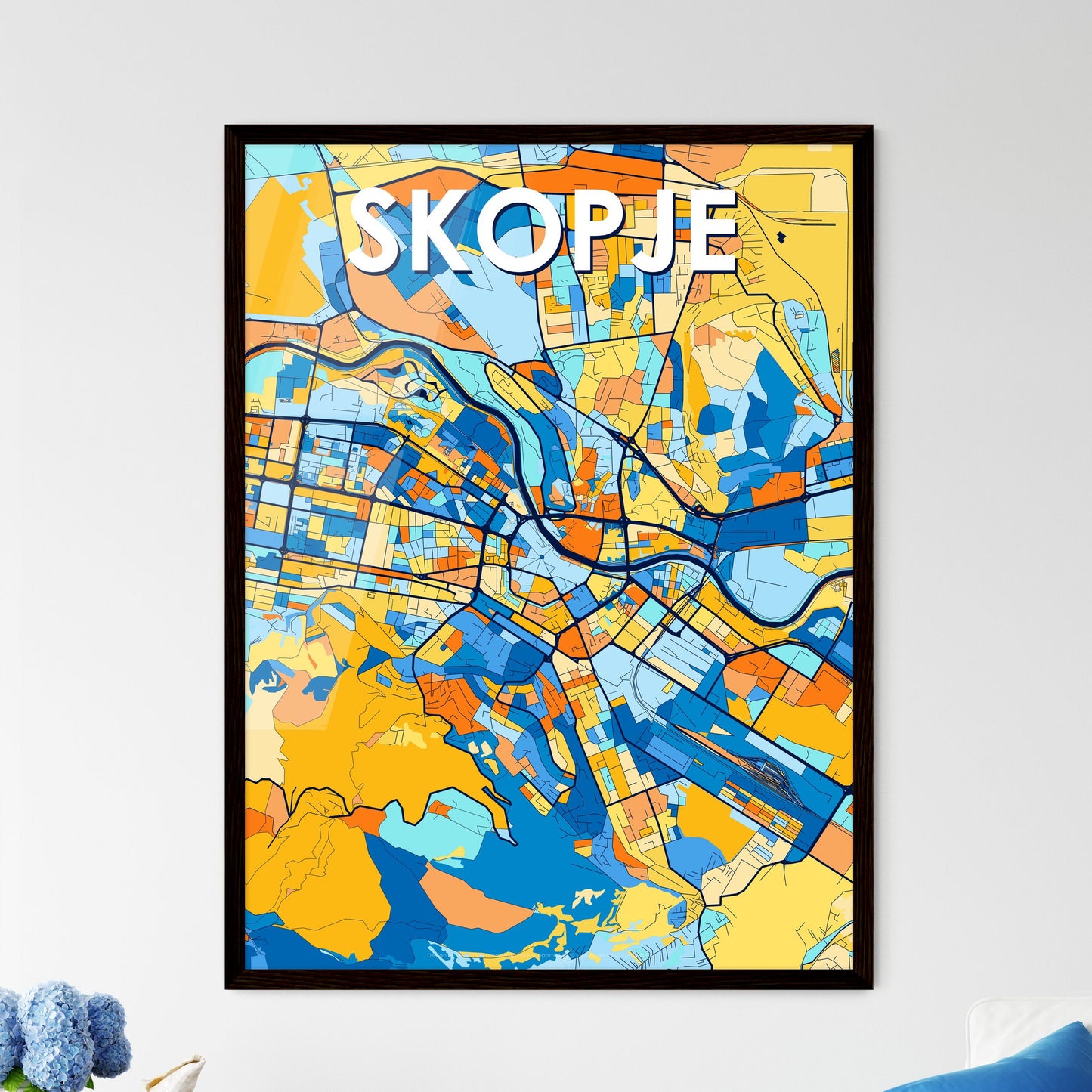 SKOPJE NORTH MACEDONIA Vibrant Colorful Art Map Poster Blue Orange