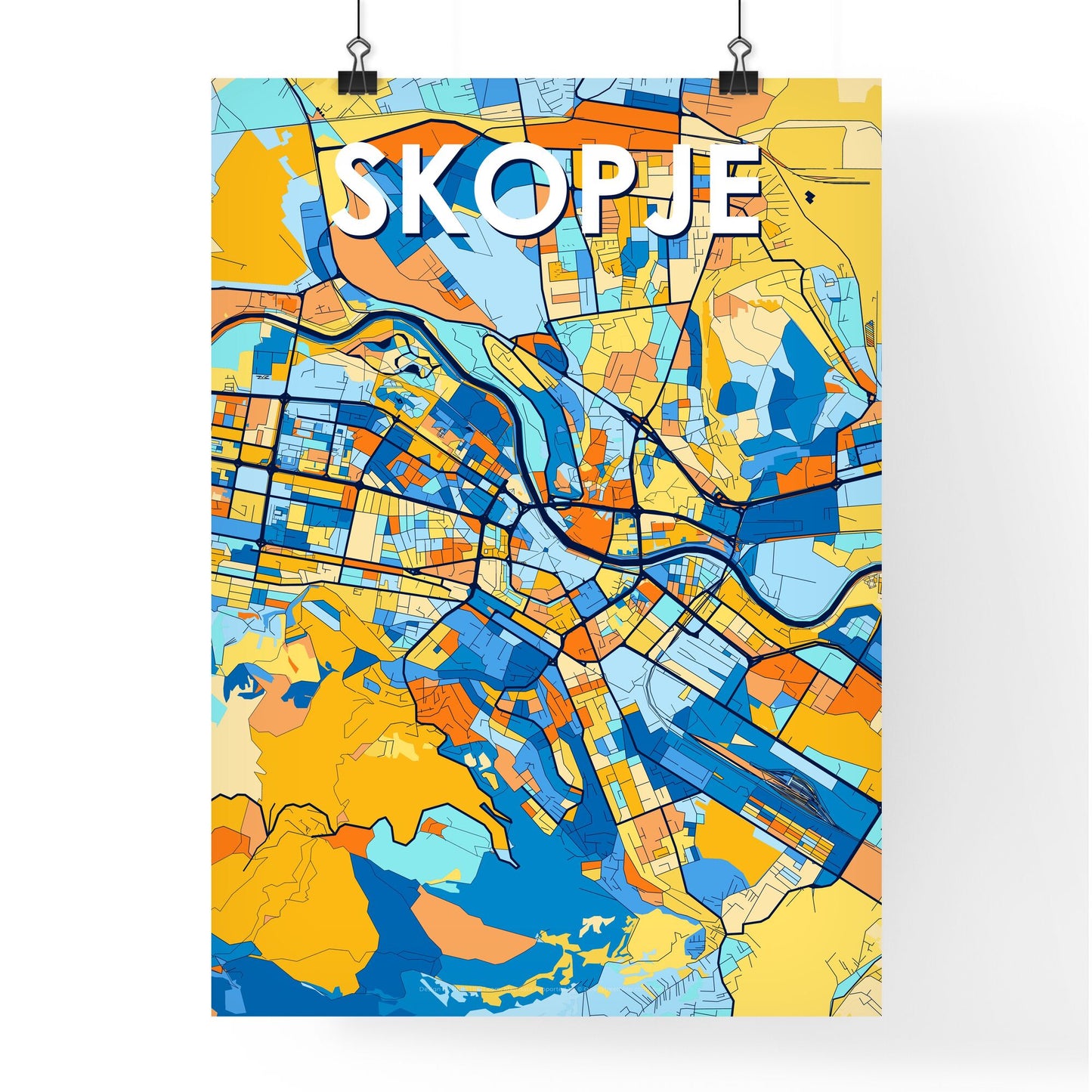 SKOPJE NORTH MACEDONIA Vibrant Colorful Art Map Poster Blue Orange