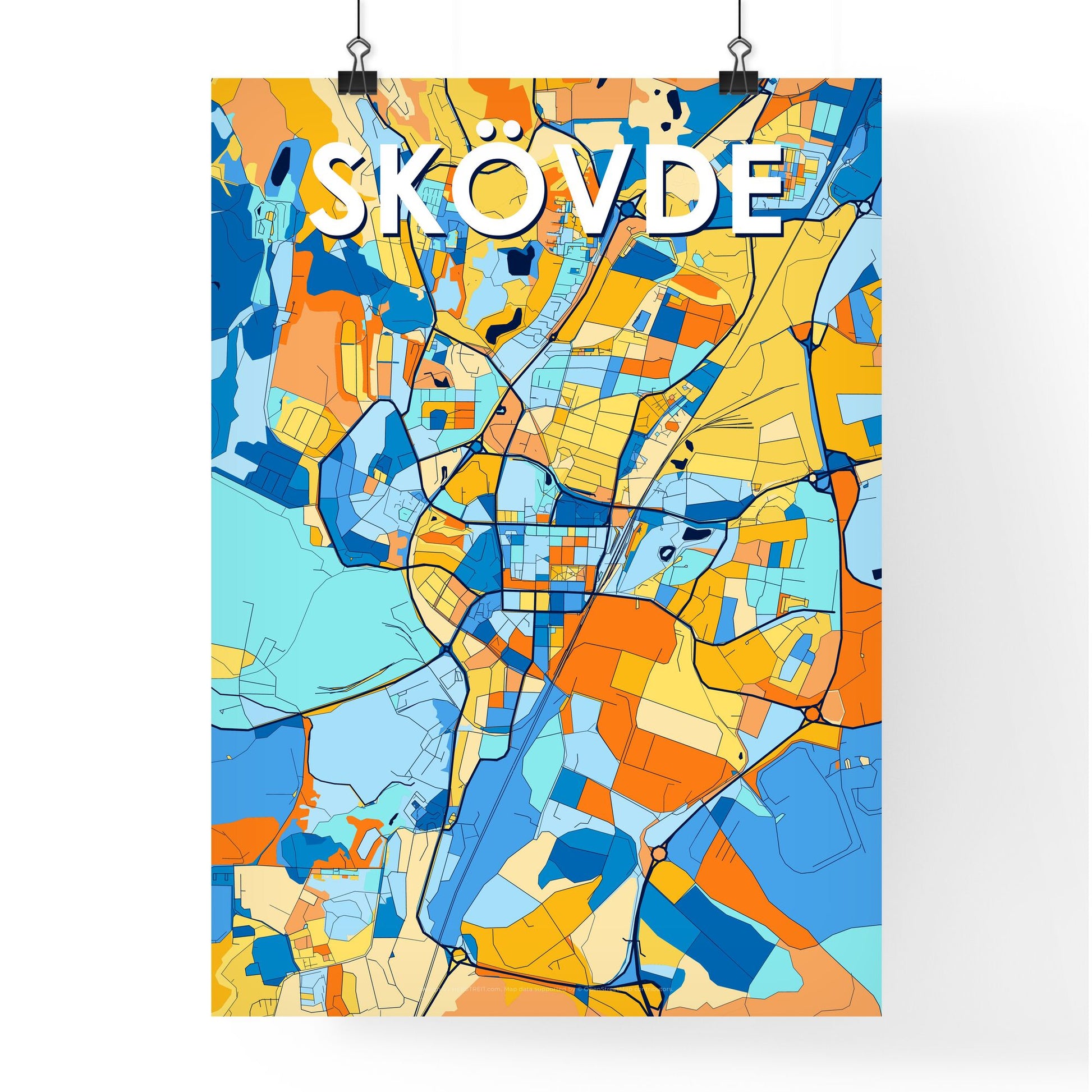 SKÖVDE SWEDEN Vibrant Colorful Art Map Poster Blue Orange