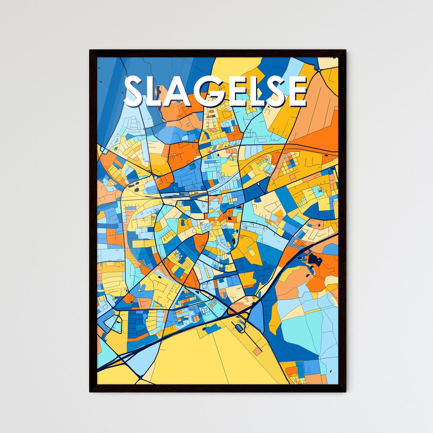 SLAGELSE DENMARK Vibrant Colorful Art Map Poster Blue Orange