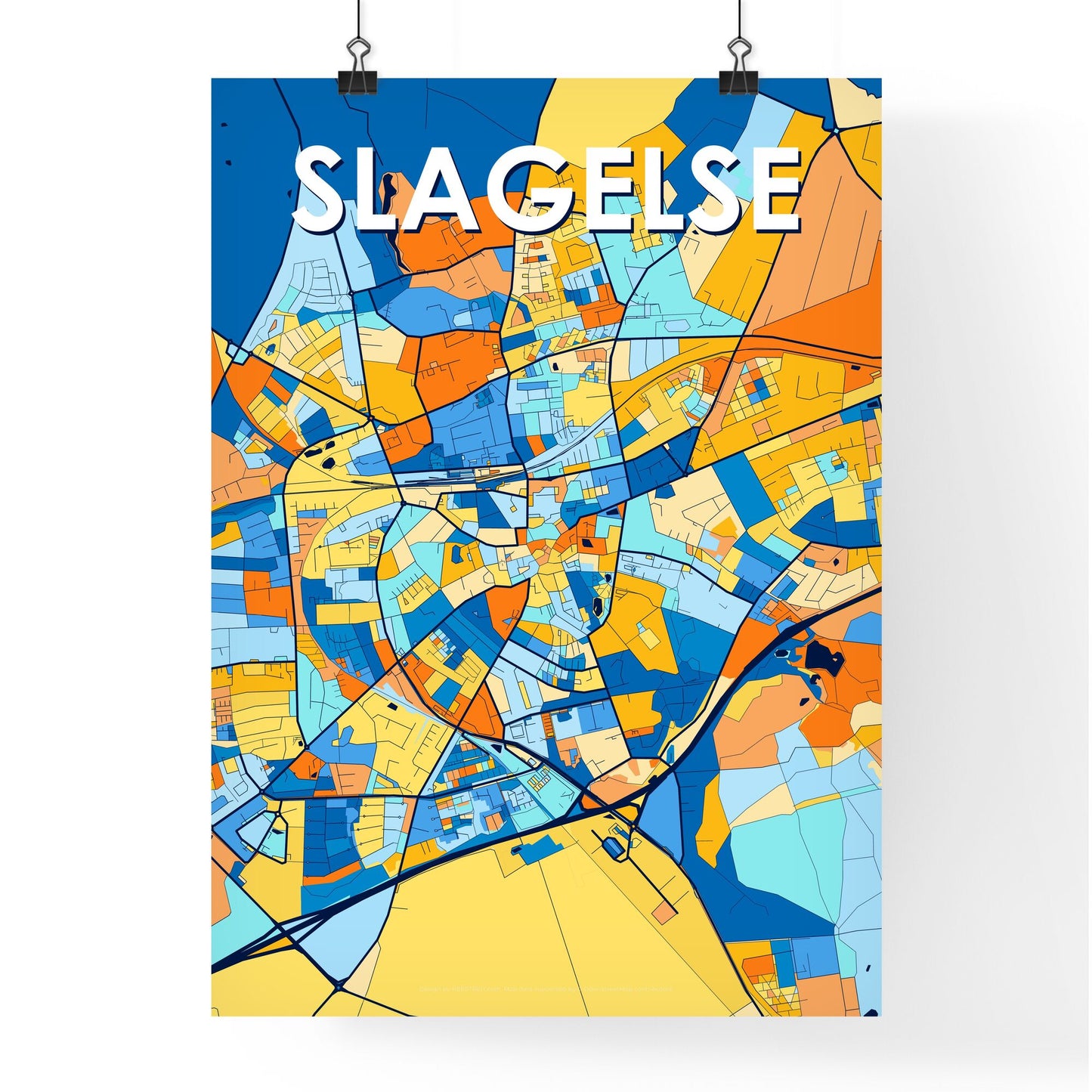 SLAGELSE DENMARK Vibrant Colorful Art Map Poster Blue Orange