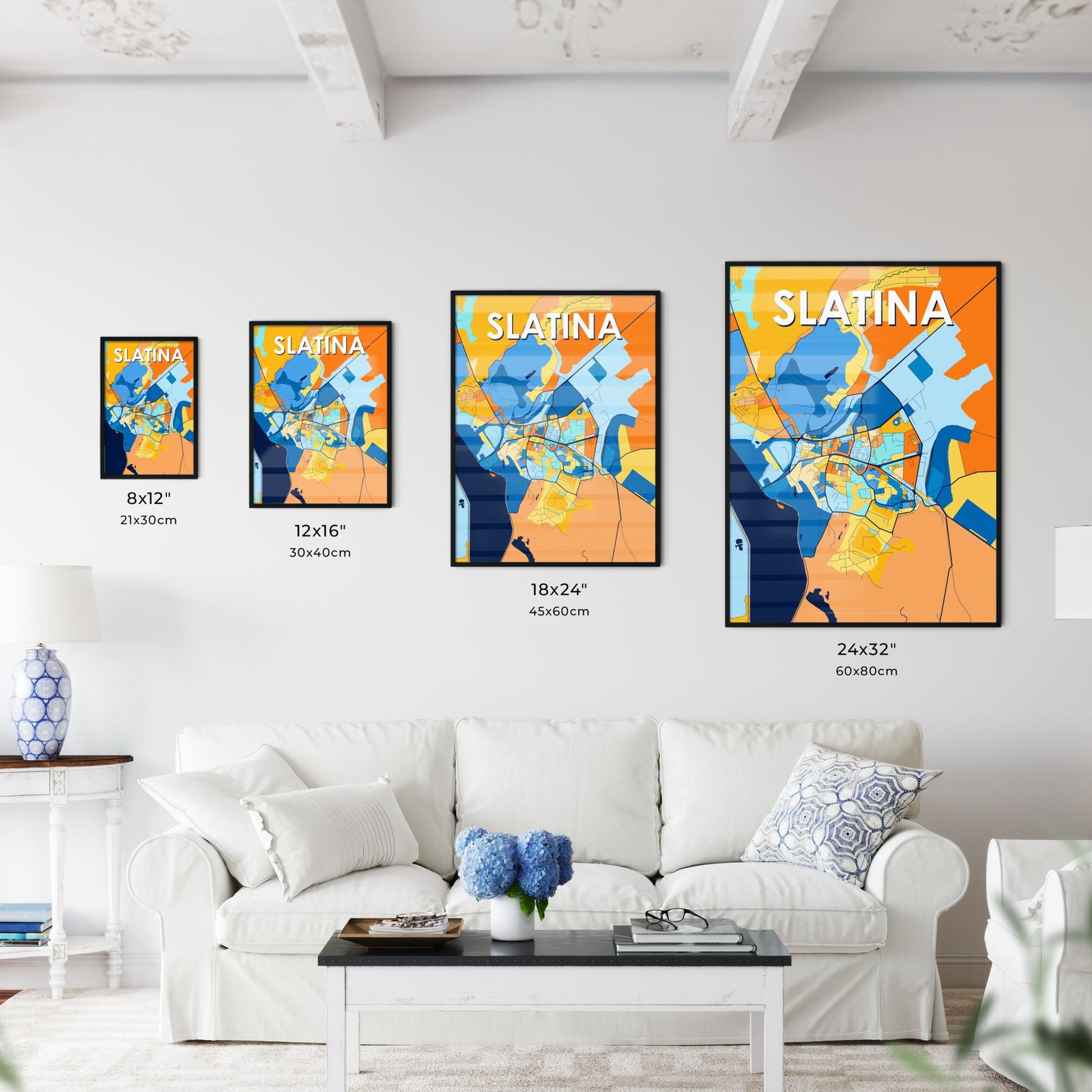 SLATINA ROMANIA Vibrant Colorful Art Map Poster Blue Orange