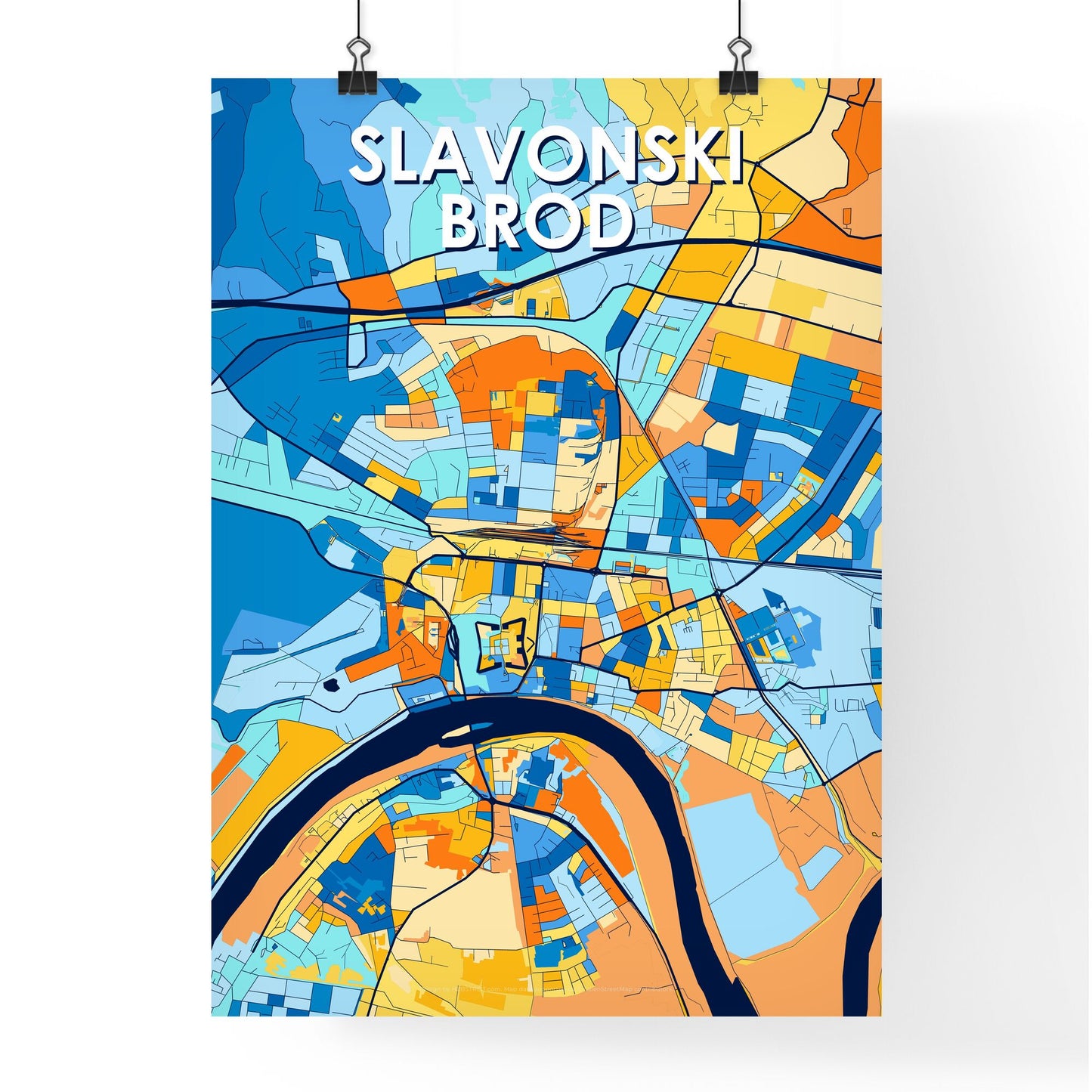 SLAVONSKI BROD CROATIA Vibrant Colorful Art Map Poster Blue Orange