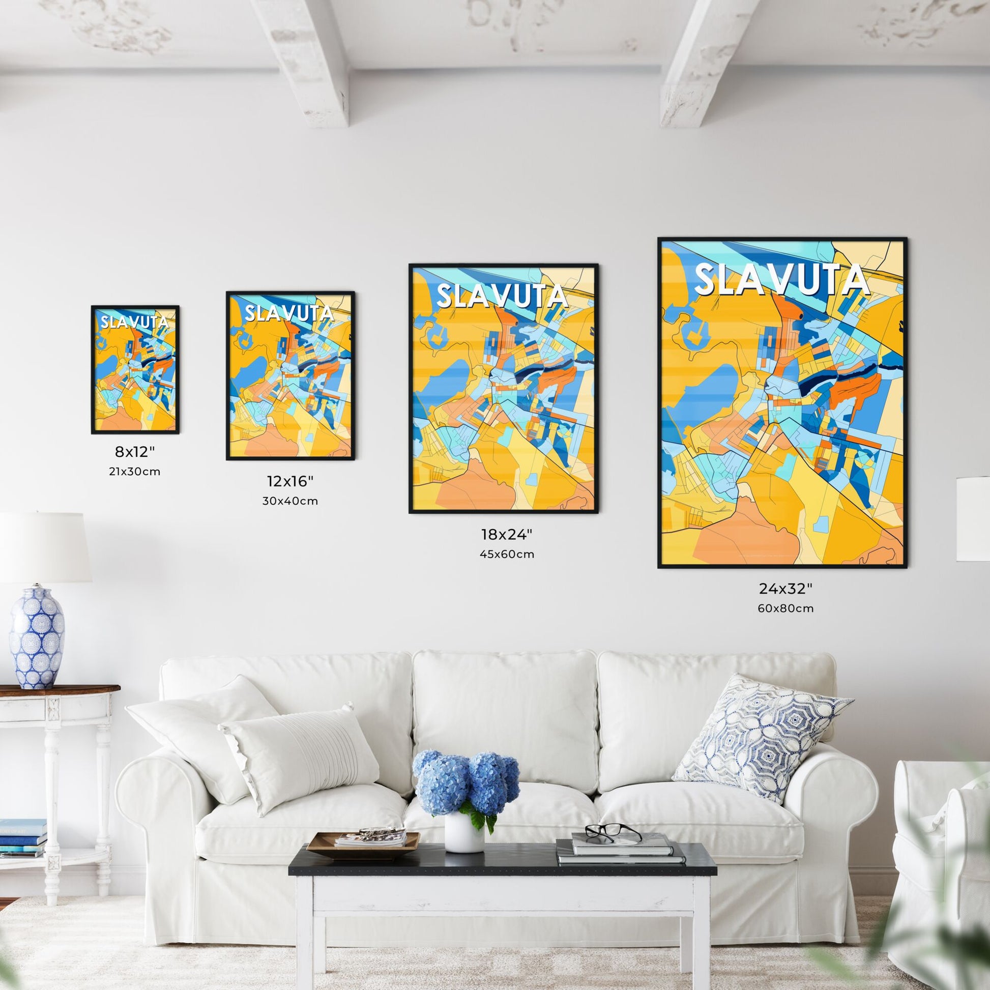 SLAVUTA UKRAINE Vibrant Colorful Art Map Poster Blue Orange