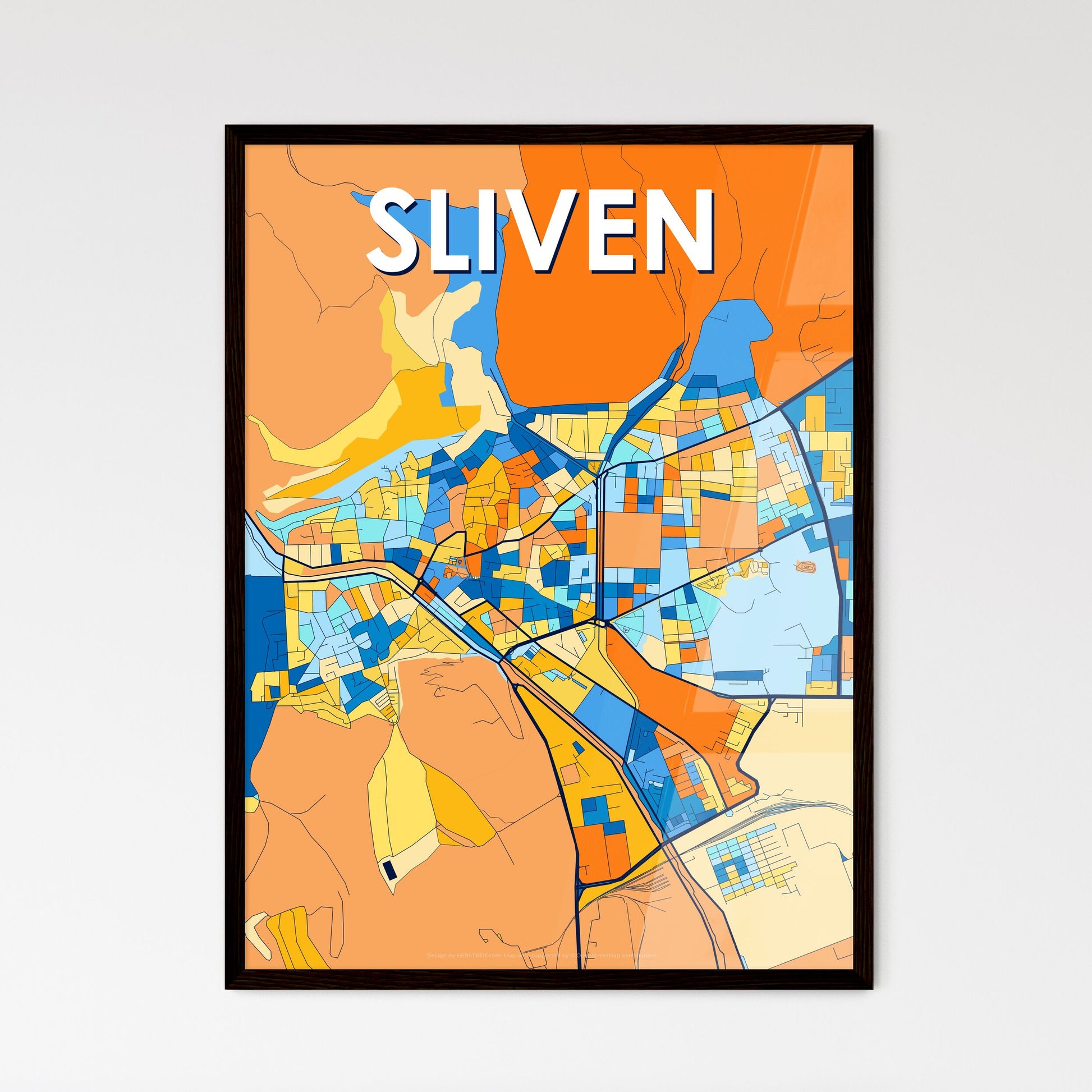 SLIVEN BULGARIA Vibrant Colorful Art Map Poster Blue Orange