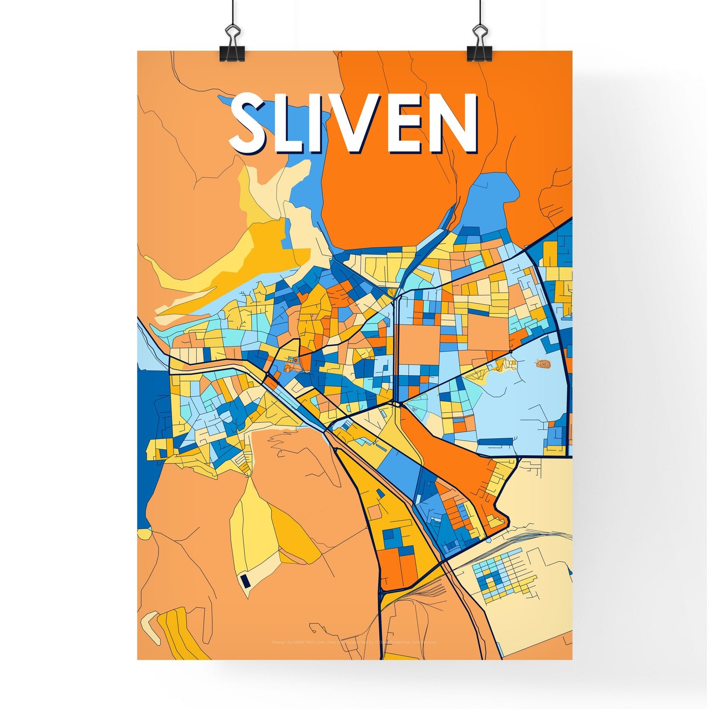 SLIVEN BULGARIA Vibrant Colorful Art Map Poster Blue Orange