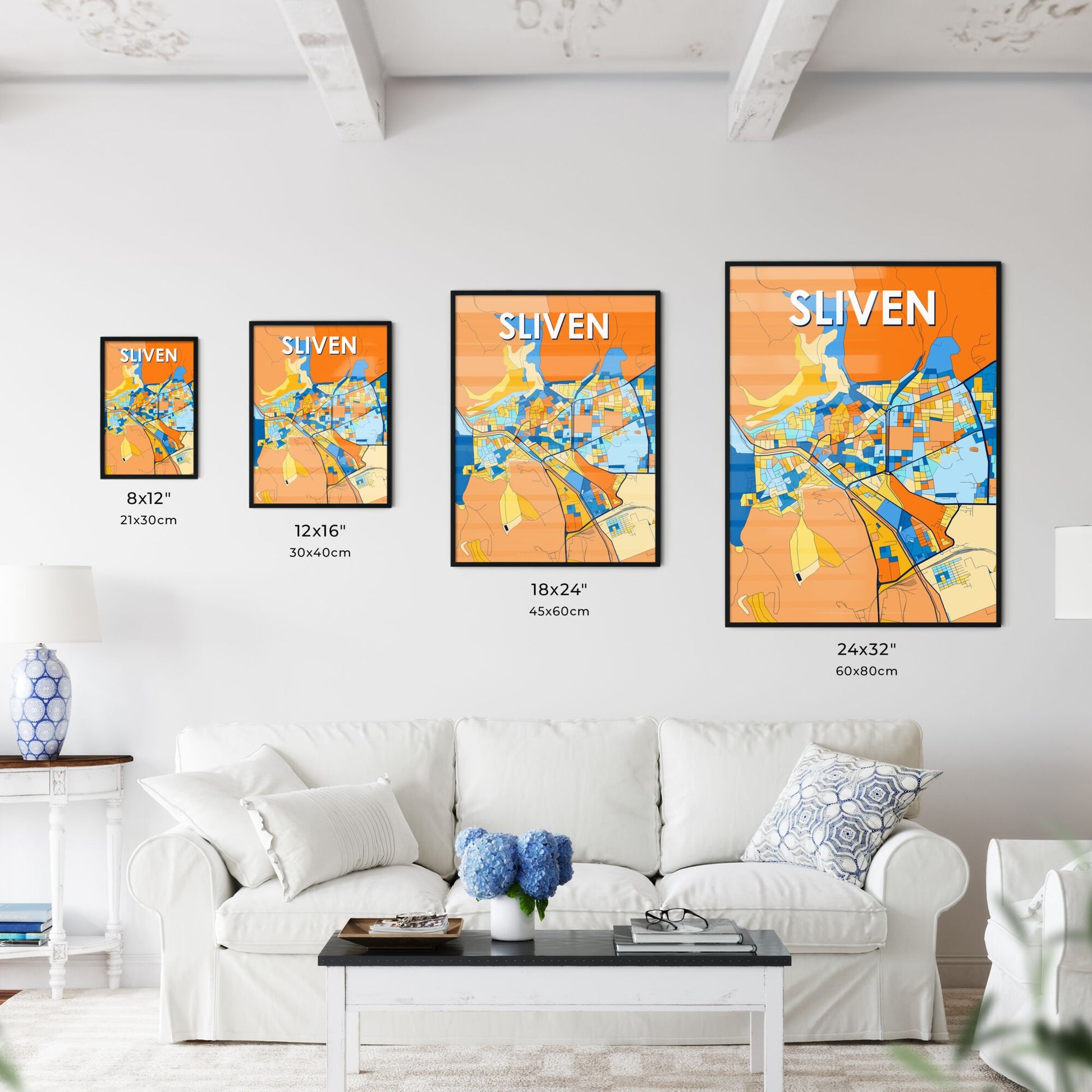 SLIVEN BULGARIA Vibrant Colorful Art Map Poster Blue Orange