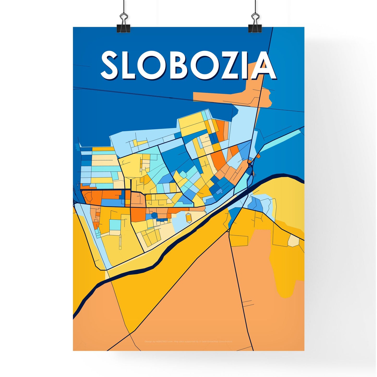 SLOBOZIA ROMANIA Vibrant Colorful Art Map Poster Blue Orange