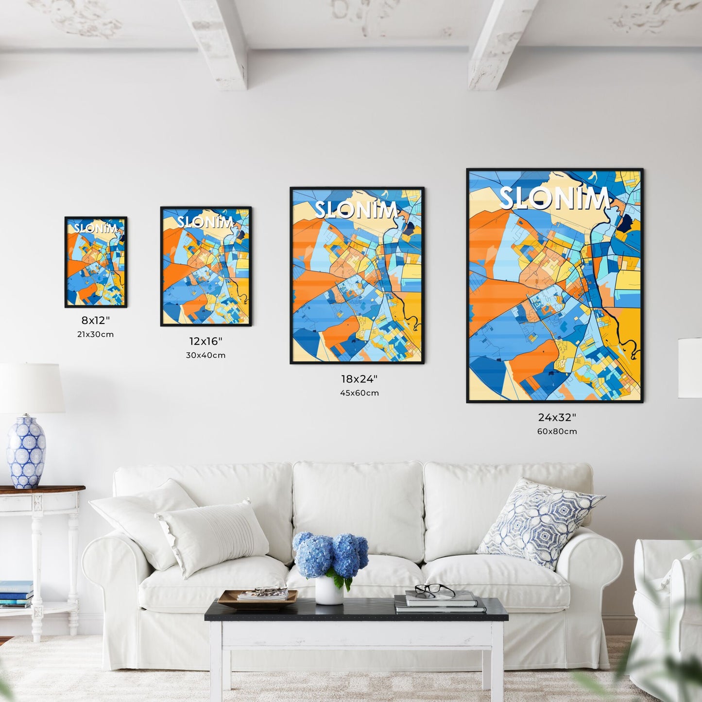 SLONIM BELARUS Vibrant Colorful Art Map Poster Blue Orange