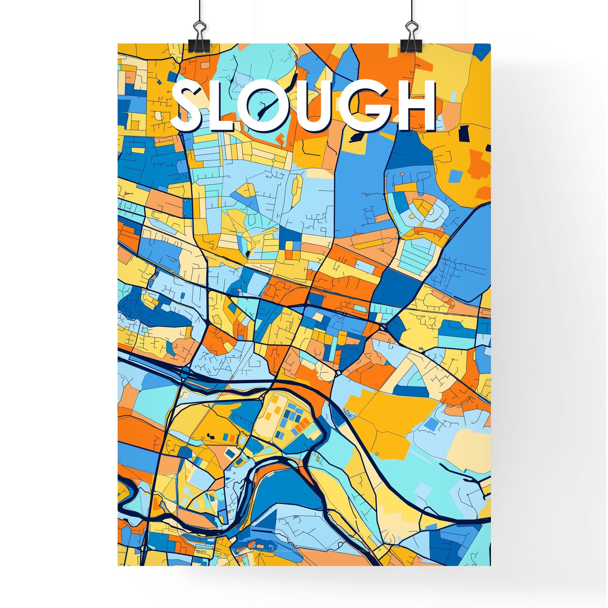 SLOUGH ENGLAND Vibrant Colorful Art Map Poster Blue Orange