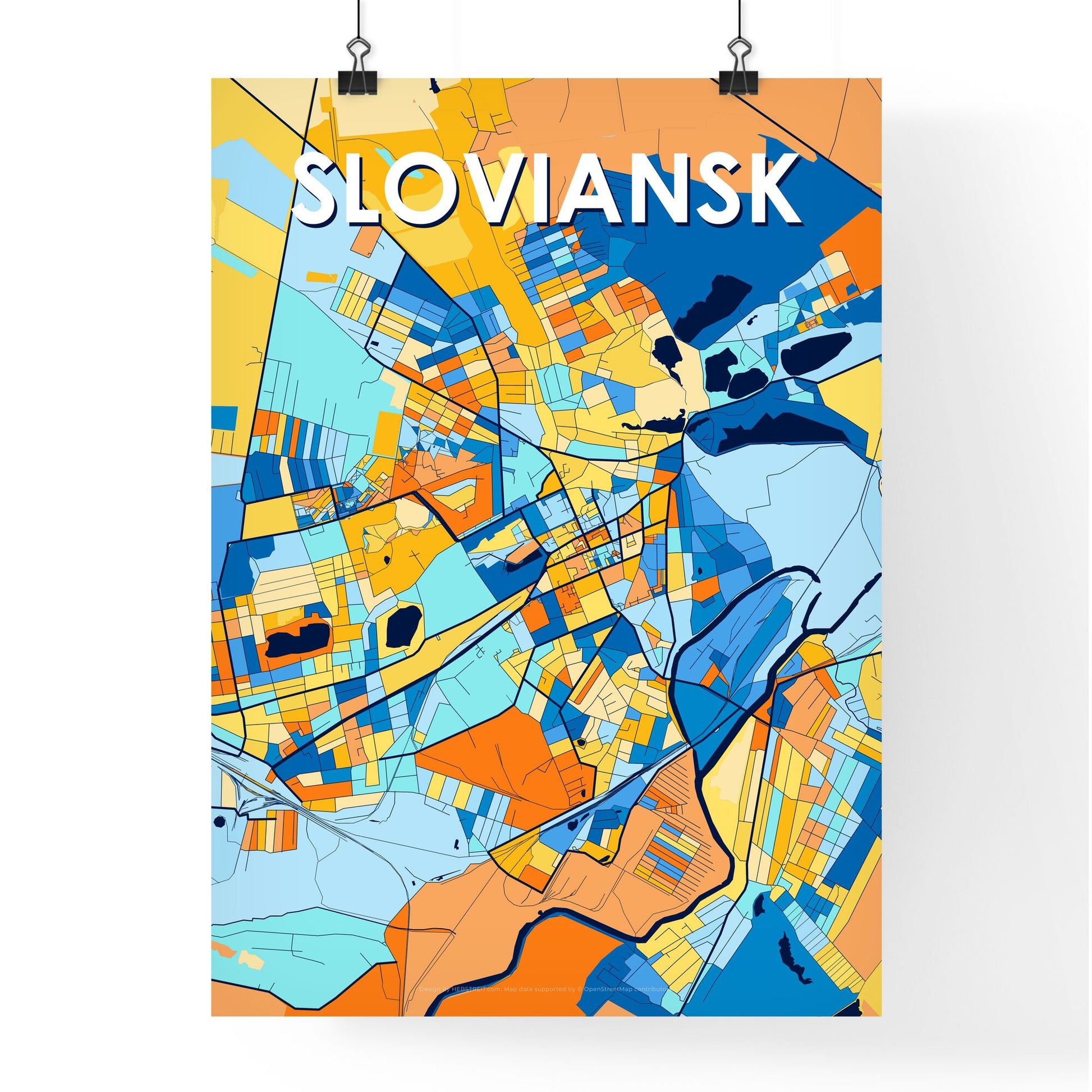 SLOVIANSK UKRAINE Vibrant Colorful Art Map Poster Blue Orange