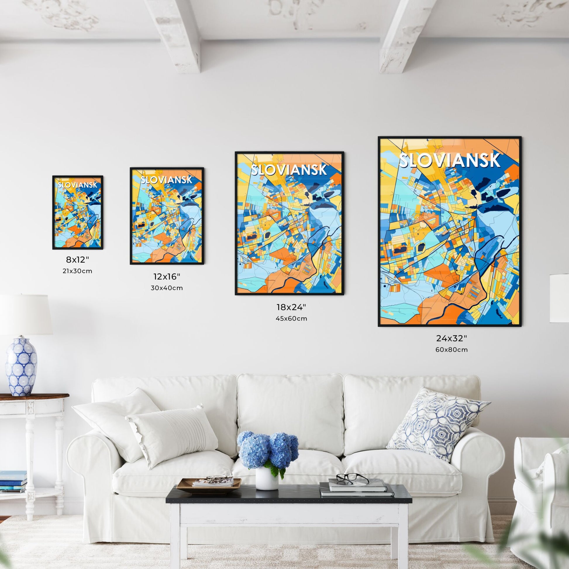 SLOVIANSK UKRAINE Vibrant Colorful Art Map Poster Blue Orange