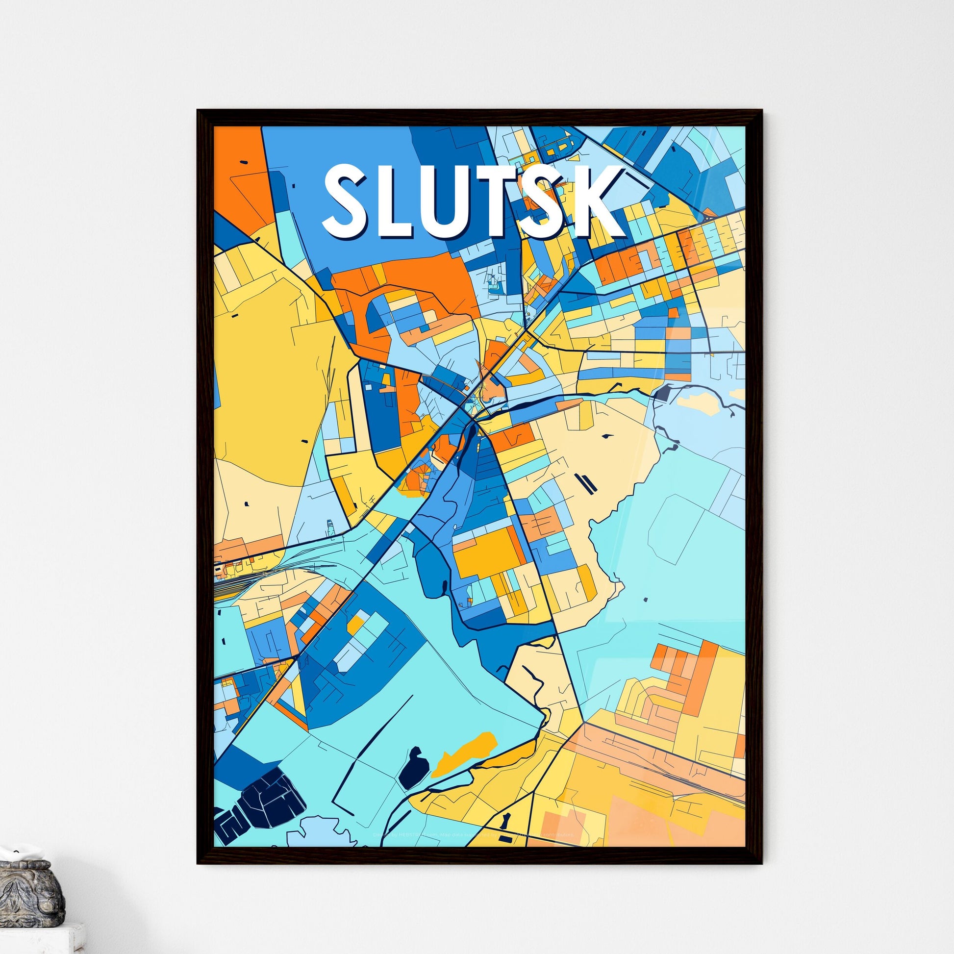 SLUTSK BELARUS Vibrant Colorful Art Map Poster Blue Orange