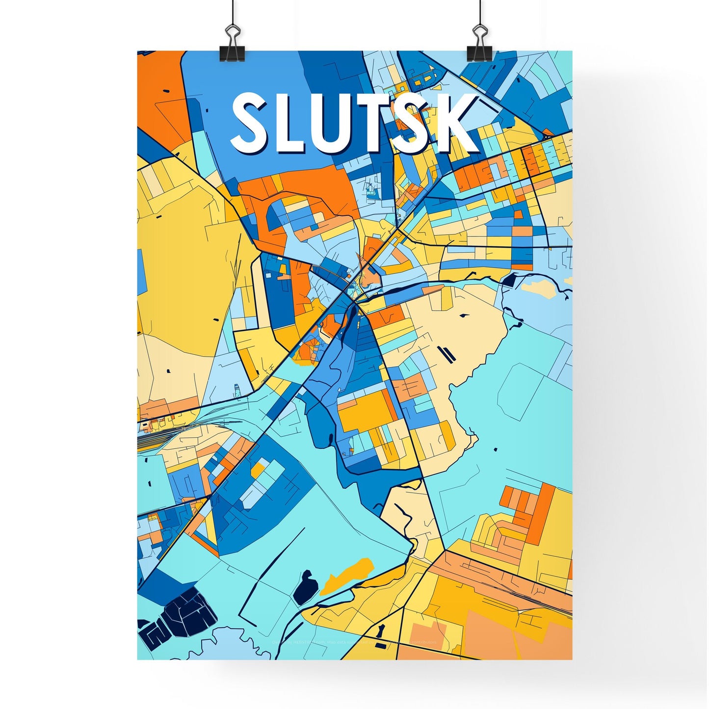 SLUTSK BELARUS Vibrant Colorful Art Map Poster Blue Orange