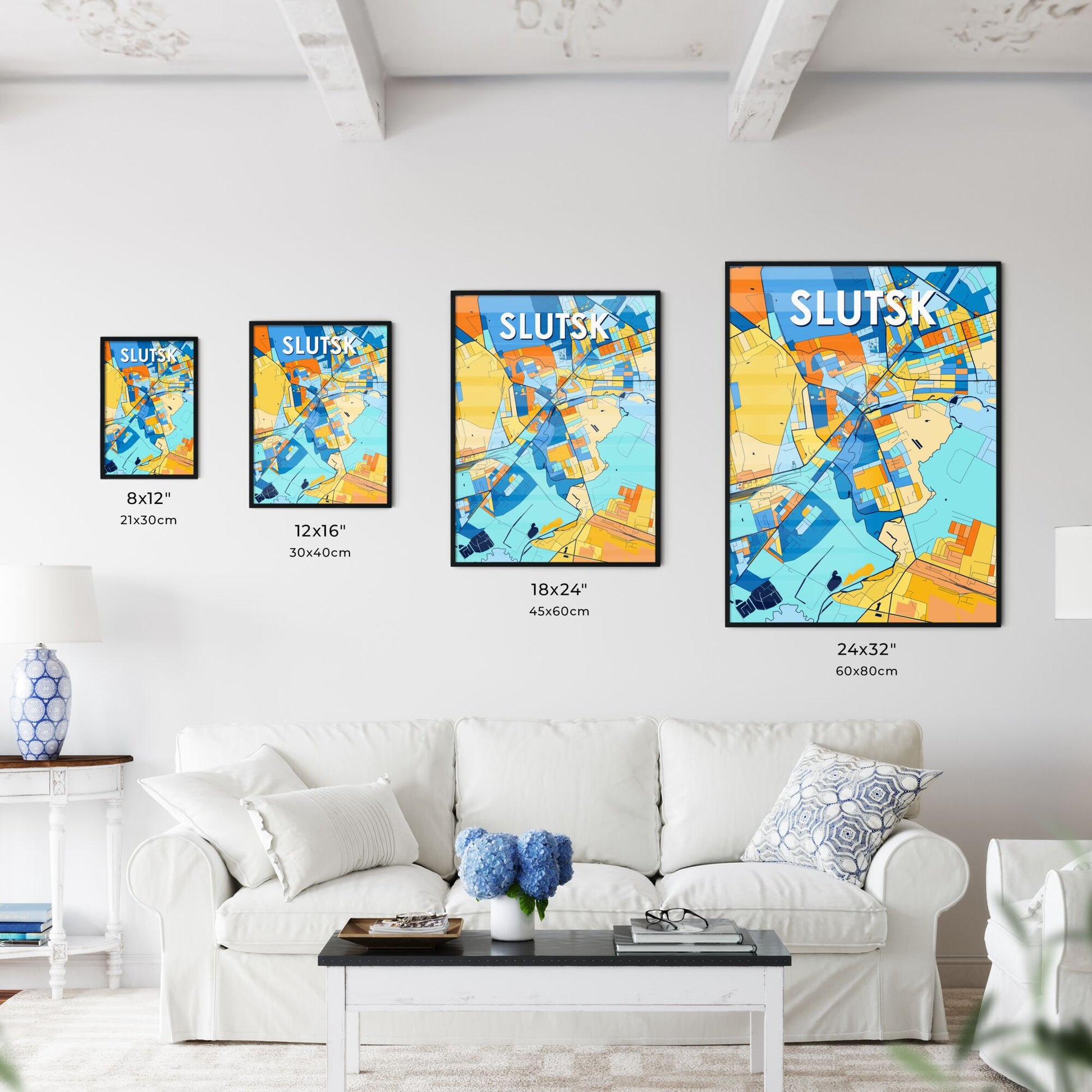 SLUTSK BELARUS Vibrant Colorful Art Map Poster Blue Orange