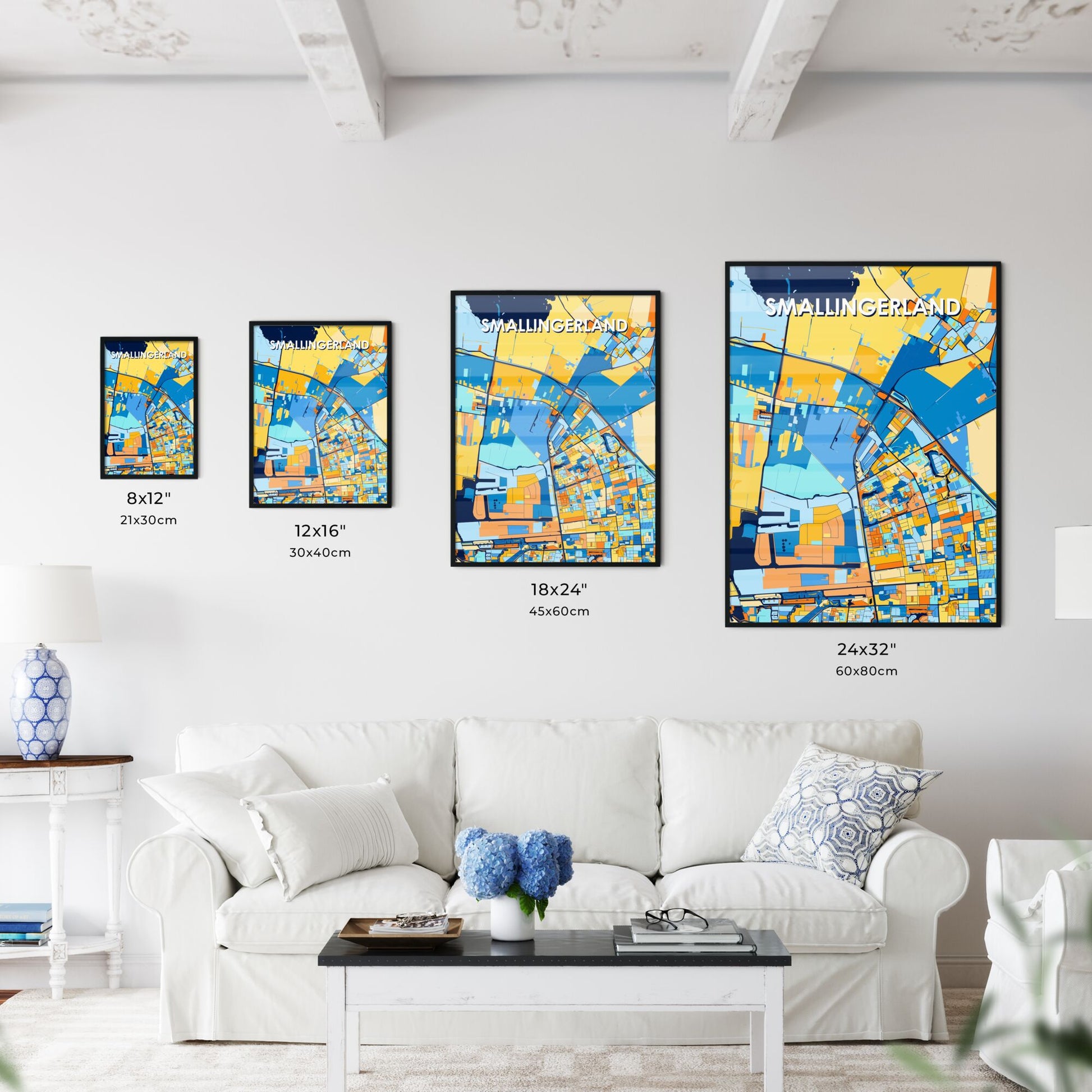 SMALLINGERLAND NETHERLANDS Vibrant Colorful Art Map Poster Blue Orange