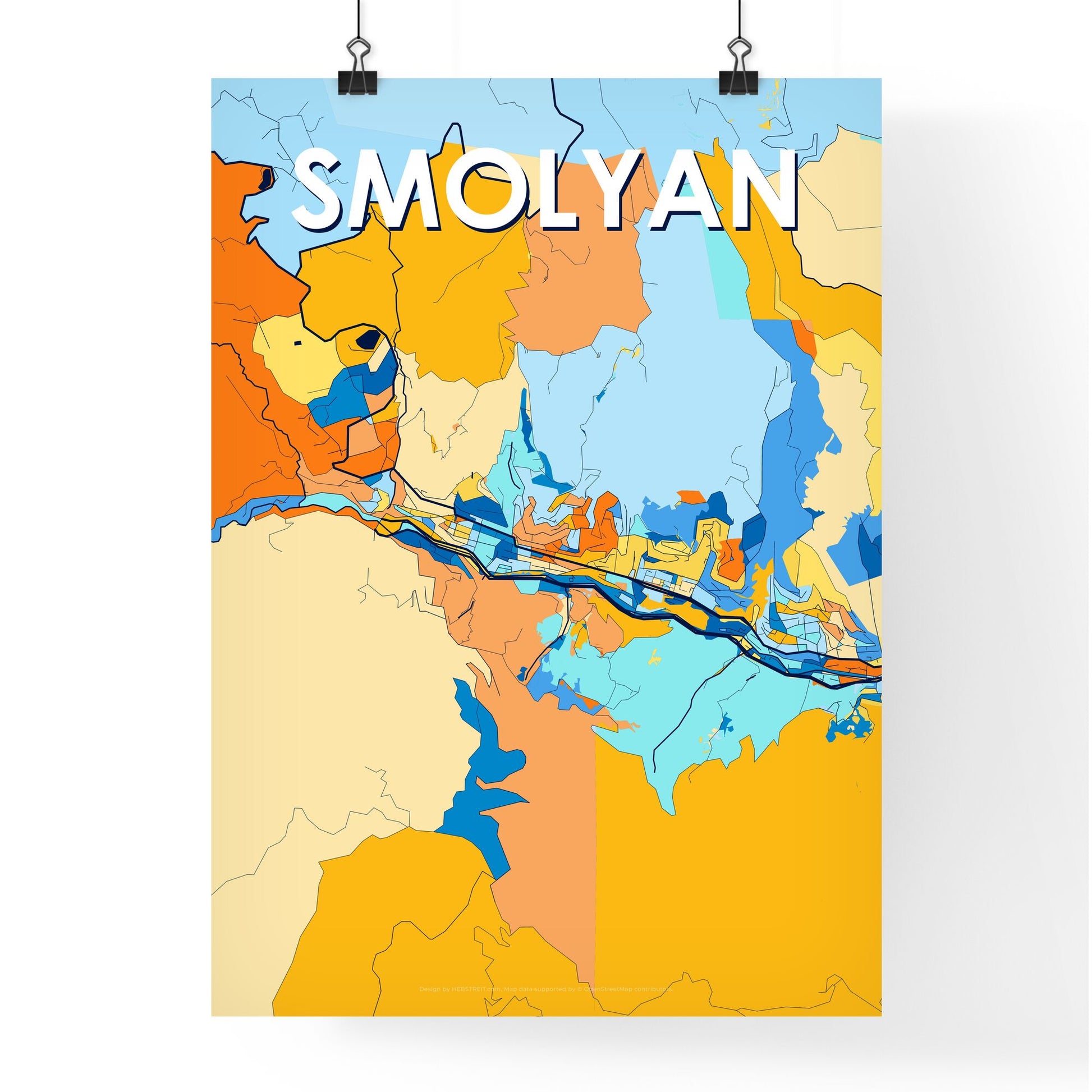 SMOLYAN BULGARIA Vibrant Colorful Art Map Poster Blue Orange