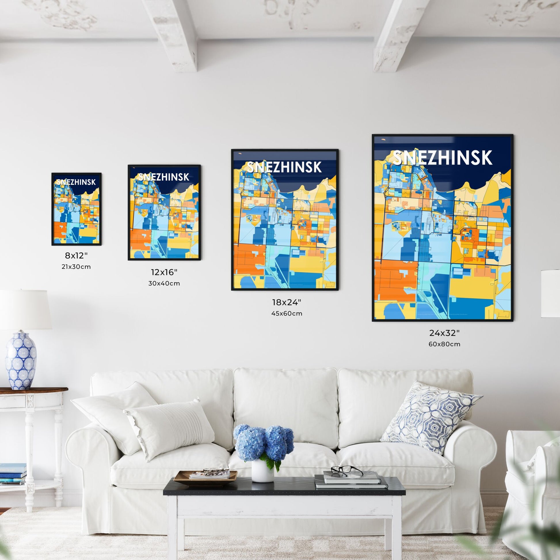 SNEZHINSK RUSSIA Vibrant Colorful Art Map Poster Blue Orange