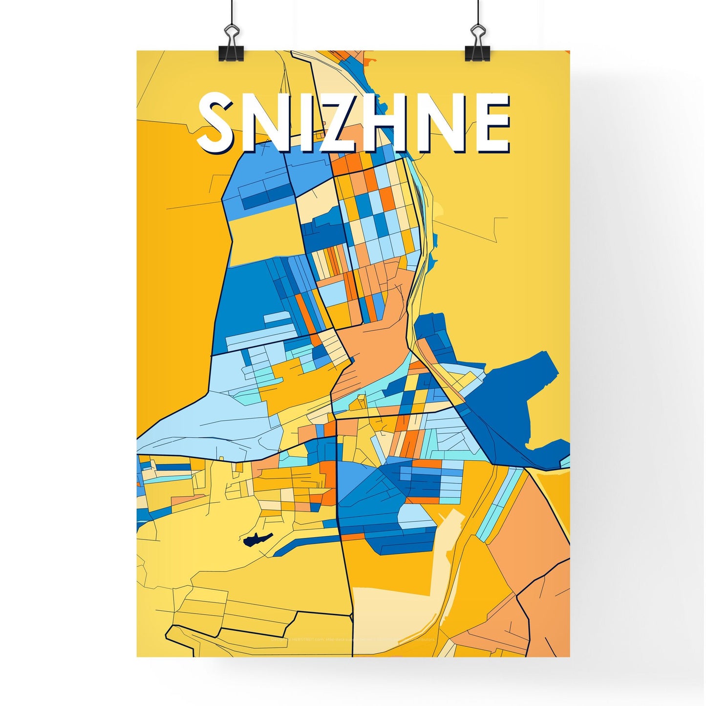 SNIZHNE UKRAINE Vibrant Colorful Art Map Poster Blue Orange