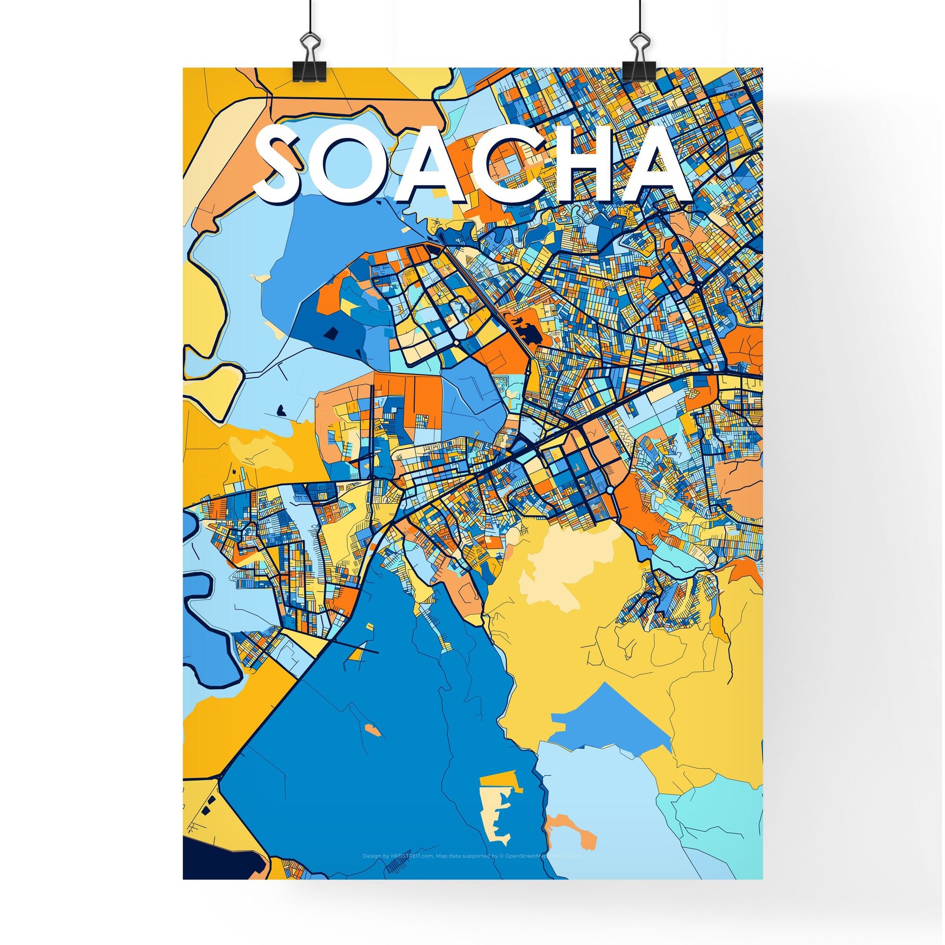 SOACHA COLOMBIA Vibrant Colorful Art Map Poster Blue Orange